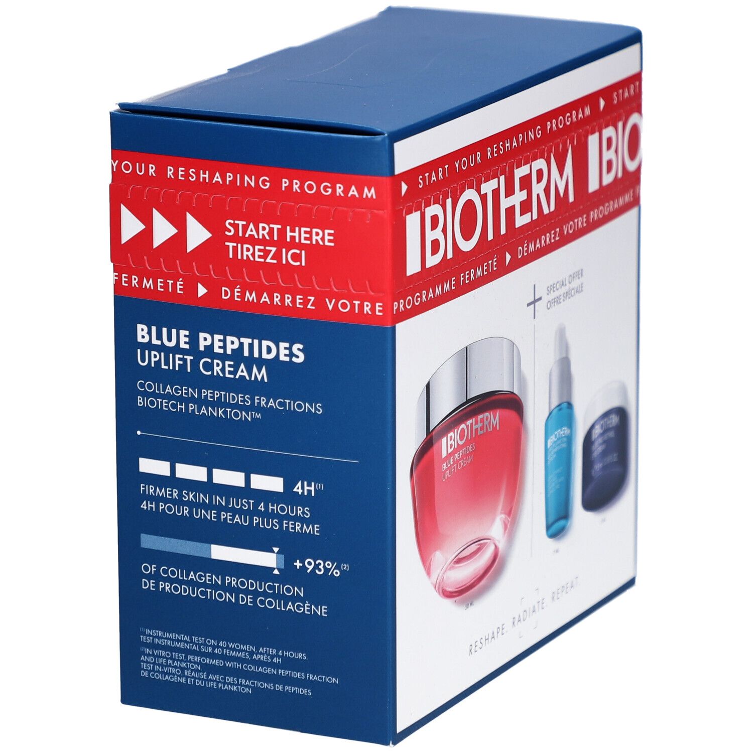Blaue Verpackung mit BIOTHERM-Logo und Produktnamen. Enthält drei Produkte. Text: Blue Peptides Uplift Cream, Collagen Peptides Fractions.