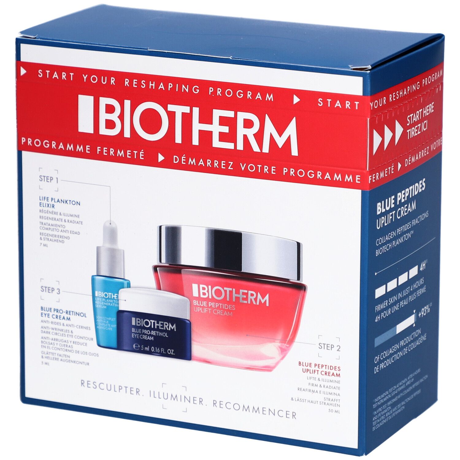 Blau-rotes Set mit drei Kosmetikprodukten. BIOTHERM-Logo und Produktnamen sichtbar. Verpackung mit roter und blauer Schrift.