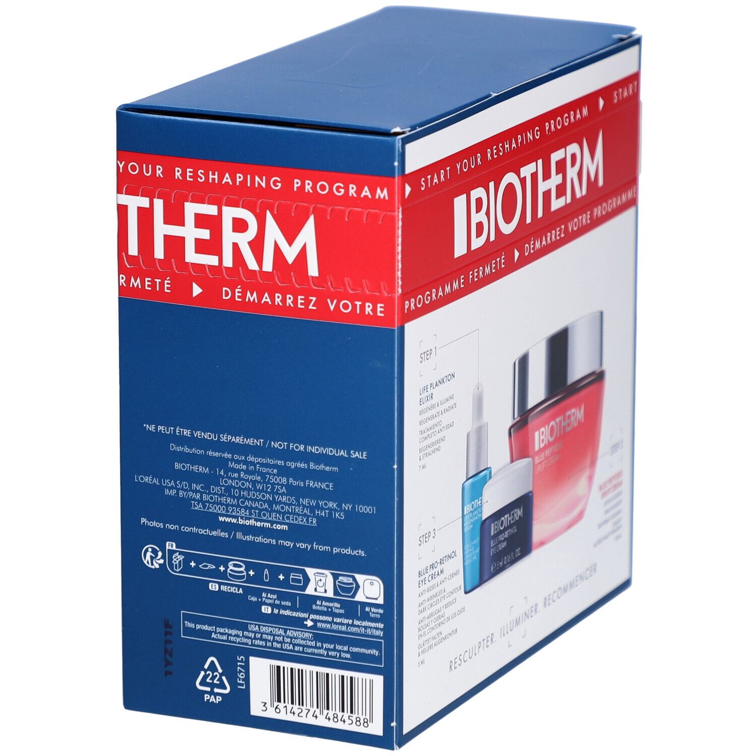 Blaue Verpackung mit BIOTHERM-Logo und Produktnamen. Enthält drei Produkte. Text: Blue Peptides Uplift Cream, Collagen Peptides Fractions.