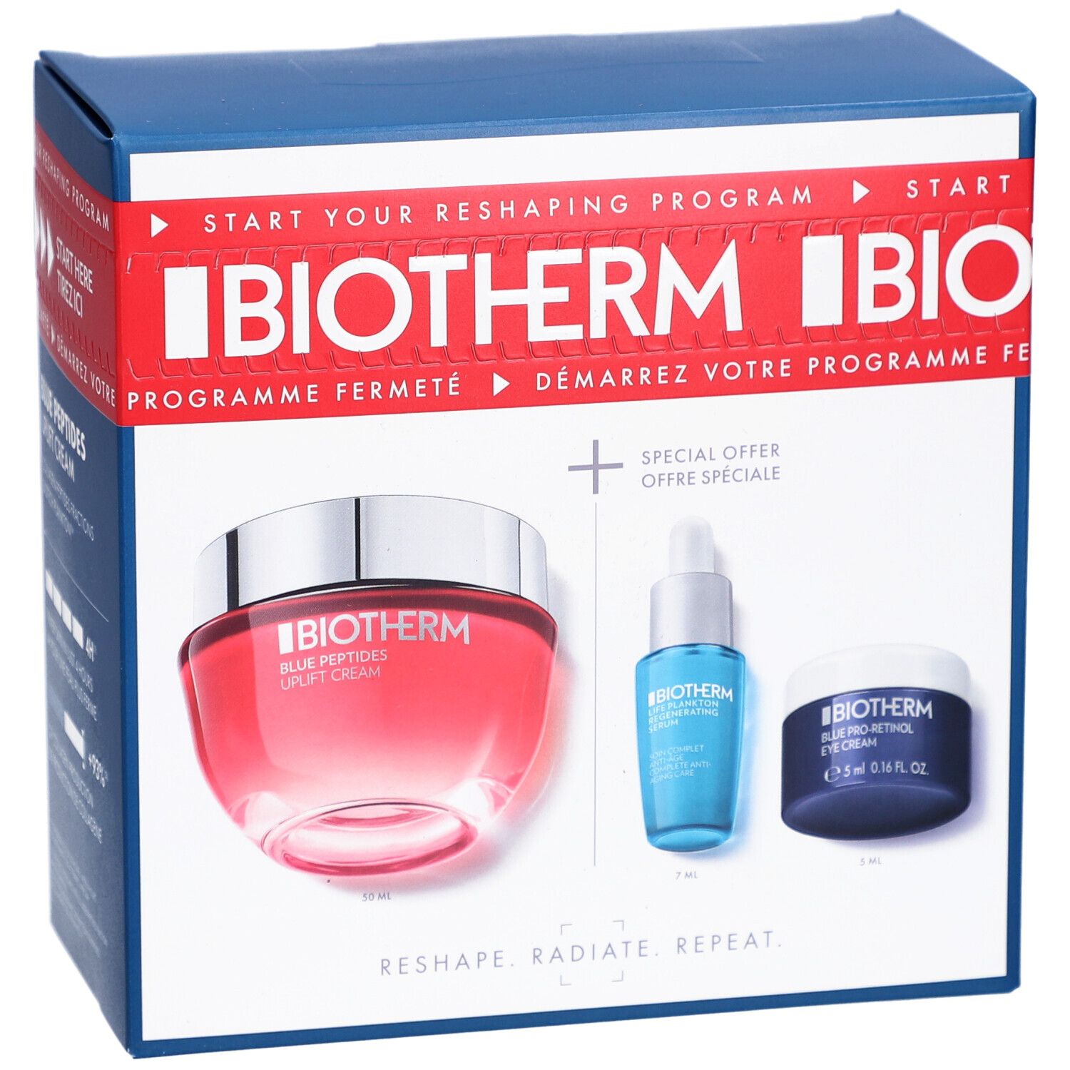 Blau-rotes Set mit drei Kosmetikprodukten. BIOTHERM-Logo und Produktnamen sichtbar. Verpackung mit roter und blauer Schrift.