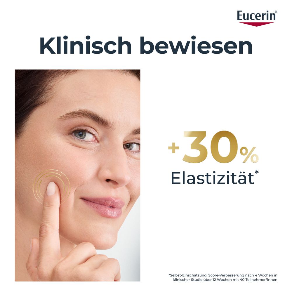 Frau berührt Gesicht. Text: Klinisch bewiesen. +30% Elastizität. Eucerin.