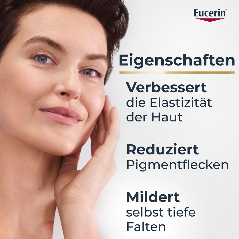 Frau berührt Gesicht. Text: Eigenschaften: Verbessert Elastizität, reduziert Pigmentflecken, mildert Falten. Eucerin.