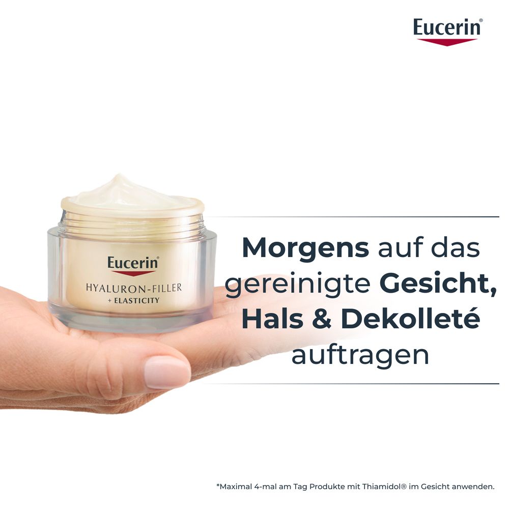 Hand hält Tiegel. Text: Morgens auf das gereinigte Gesicht, Hals & Dekolleté auftragen. Eucerin.