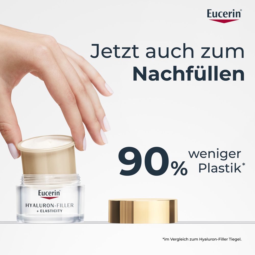 Hand setzt Nachfüllkapsel in Tiegel. Text: Jetzt auch zum Nachfüllen. 90% weniger Plastik. Eucerin.