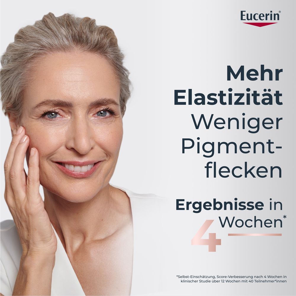 Frau mit Haut. Text: Mehr Elastizität, weniger Pigmentflecken. Ergebnisse in 4 Wochen. Eucerin.