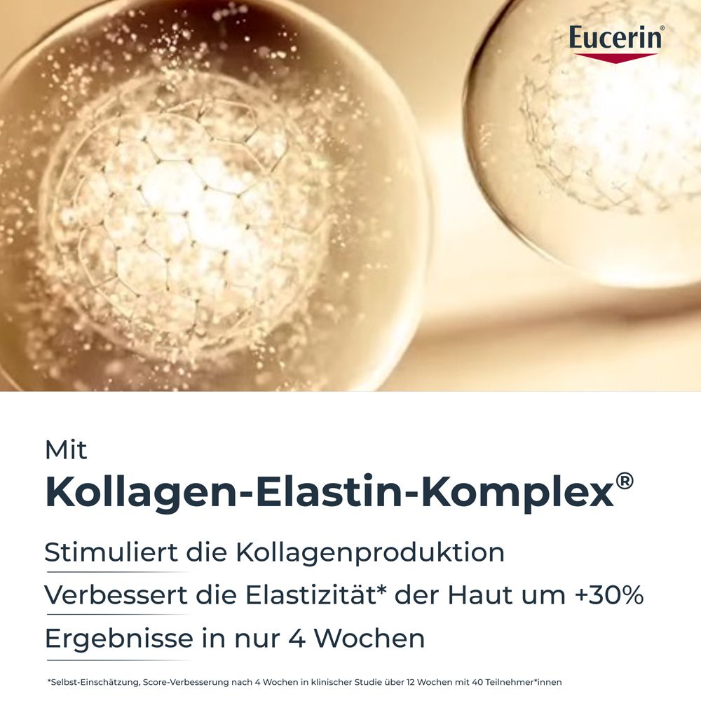 Nahaufnahme von goldenen Kugeln. Text: Kollagen-Elastin-Komplex. Stimuliert die Kollagenproduktion. Eucerin.