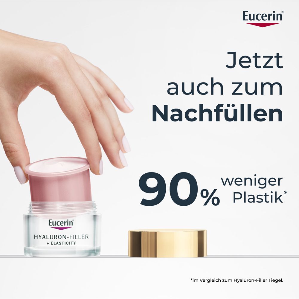 Hände halten Tiegel und Kapsel. Text: Jetzt auch zum Nachfüllen. 90% weniger Plastik. Eucerin.