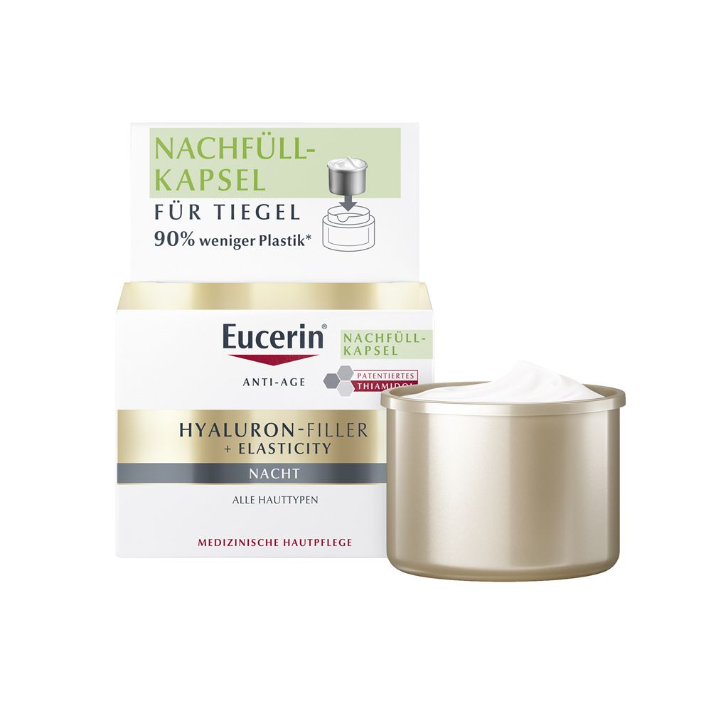 Eucerin Hyaluron-Filler + Elasticity Nacht Nachfüllkapsel. Creme-Tiegel und Verpackung.