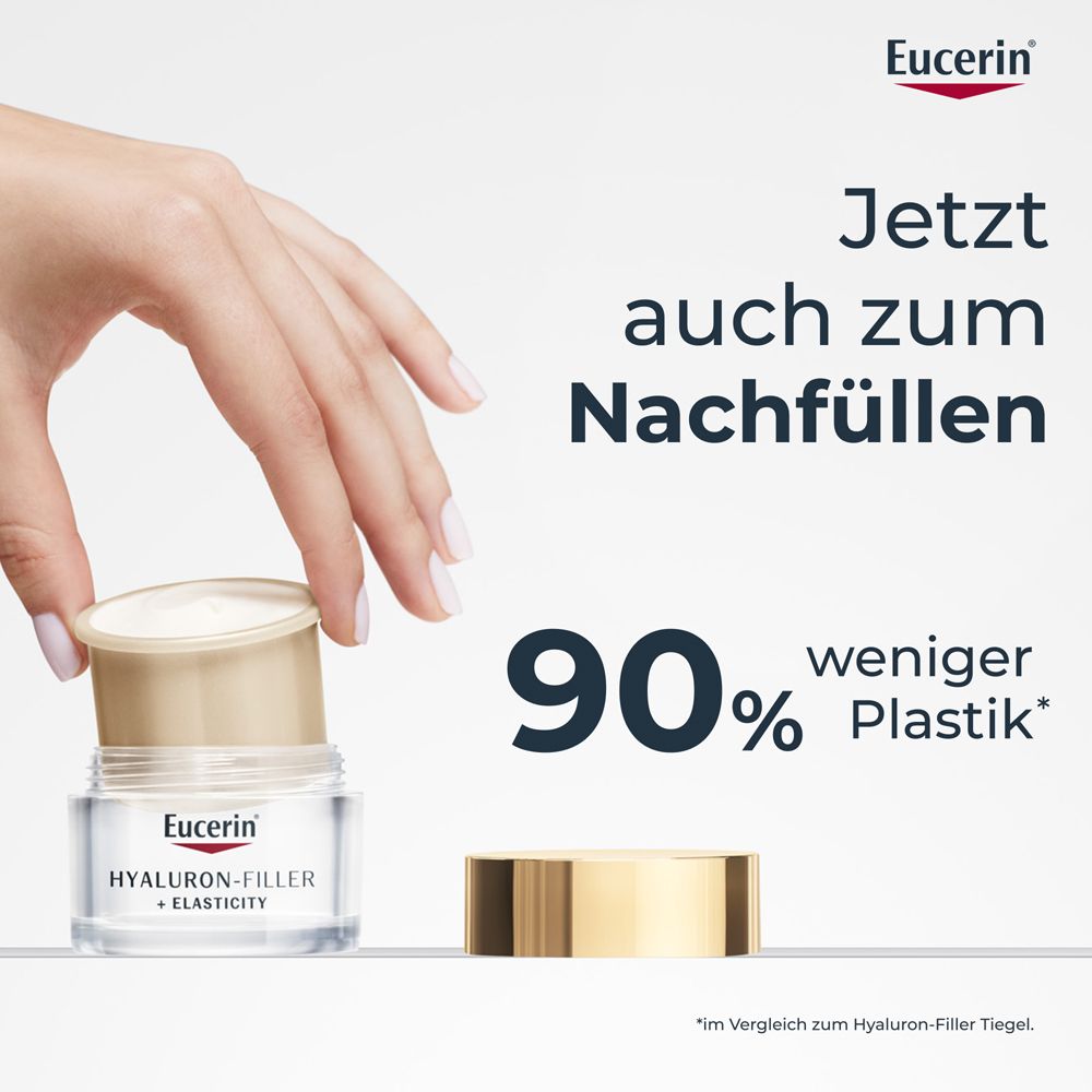 Hand setzt Kapsel in Tiegel. Text: Jetzt auch zum Nachfüllen. 90% weniger Plastik.