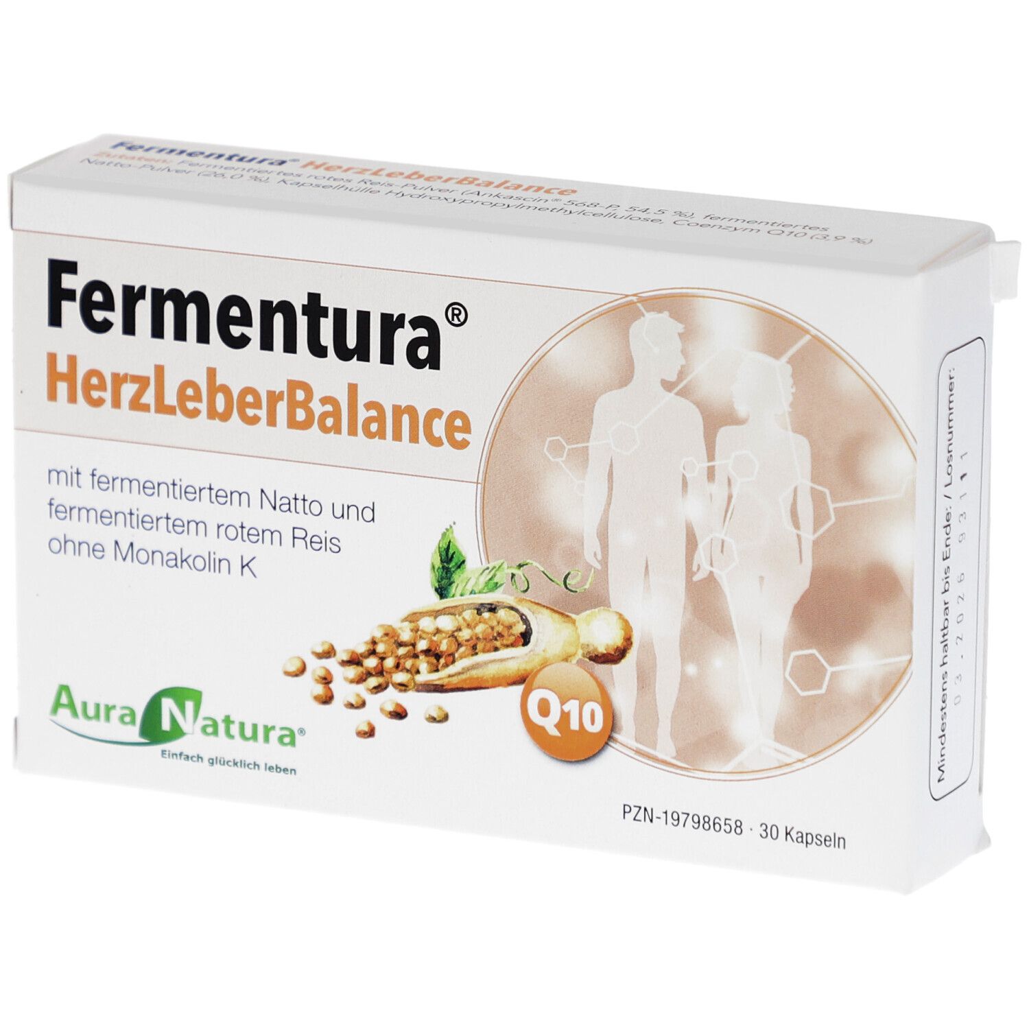 Weiße Schachtel mit Produktnamen Fermentura HerzLeberBalance. Enthält 30 Kapseln. Logo Aura Natura.