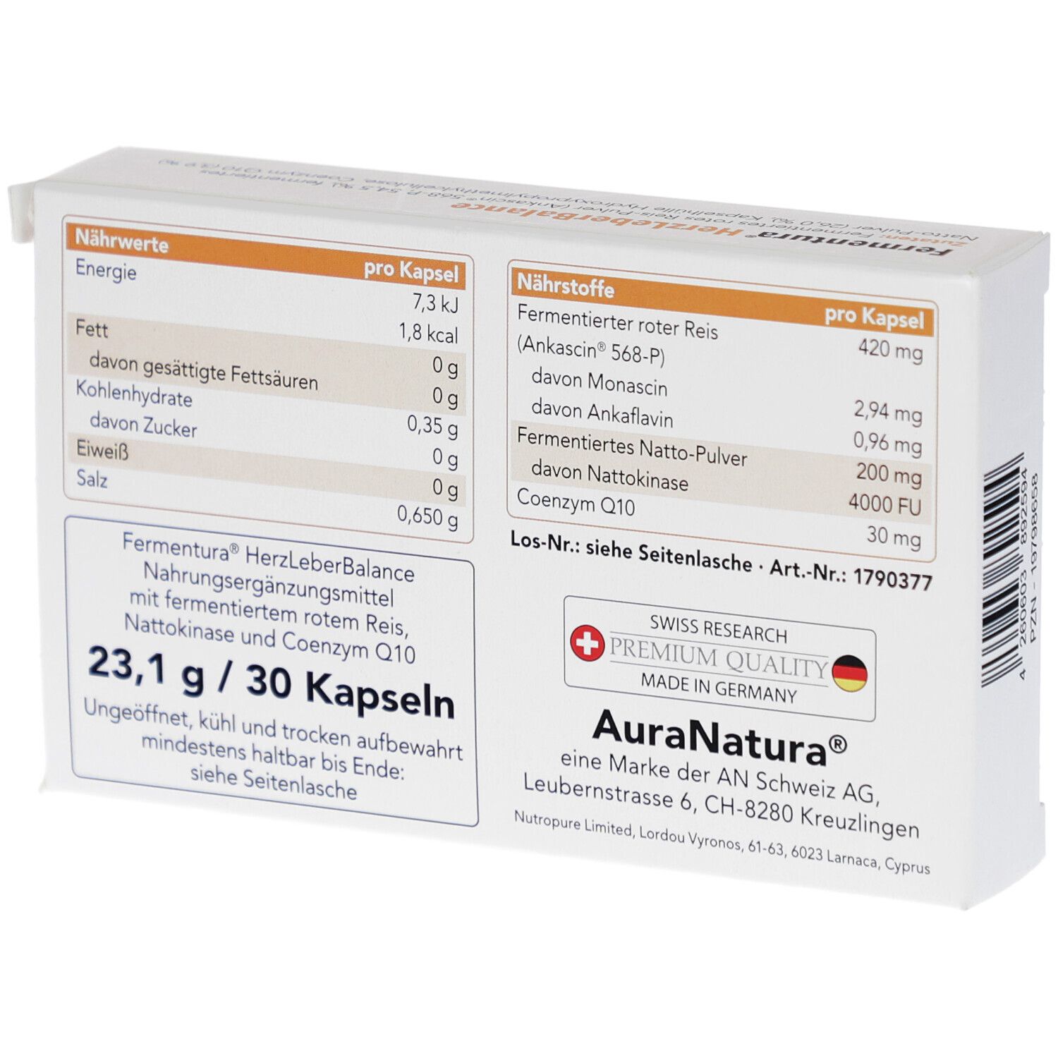 Rückseite der Schachtel Fermentura HerzLeberBalance. Nährwertangaben und Inhaltsstoffe. Swiss Research Logo.