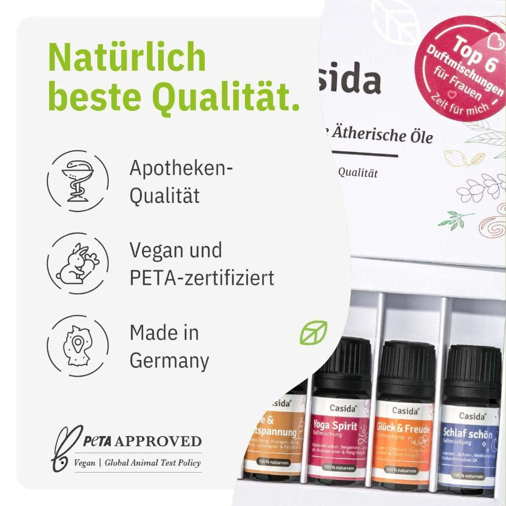 Nahaufnahme von vier Fläschchen ätherischer Öle in einer weißen Schachtel. Text: "Apotheken-Qualität", "Vegan und PETA-zertifiziert", "Made in Germany".