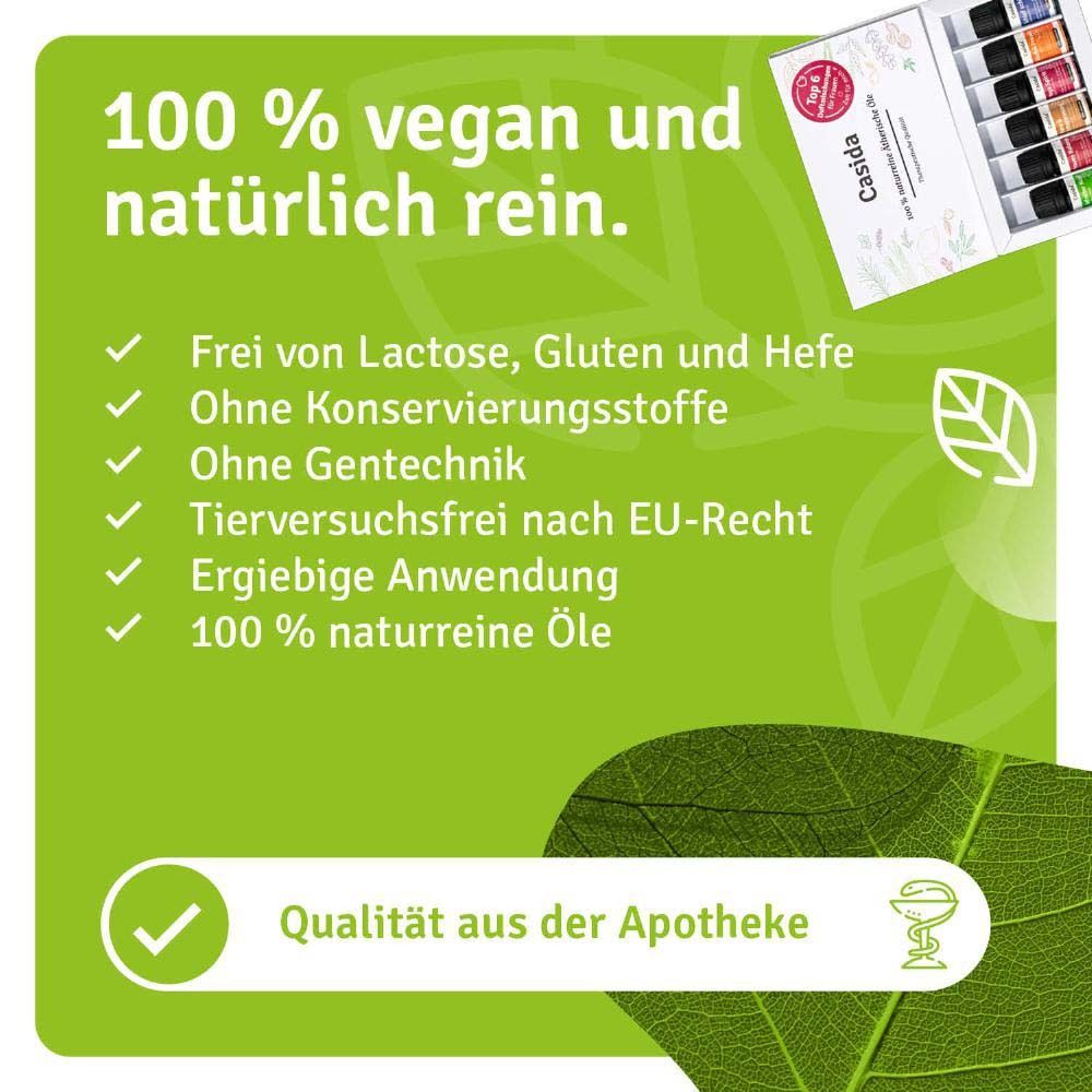 Text: "Frei von Lactose, Gluten und Hefe", "Ohne Konservierungsstoffe", "Ohne Gentechnik", "Tierversuchsfrei nach EU-Recht", "100 % naturreine Öle".