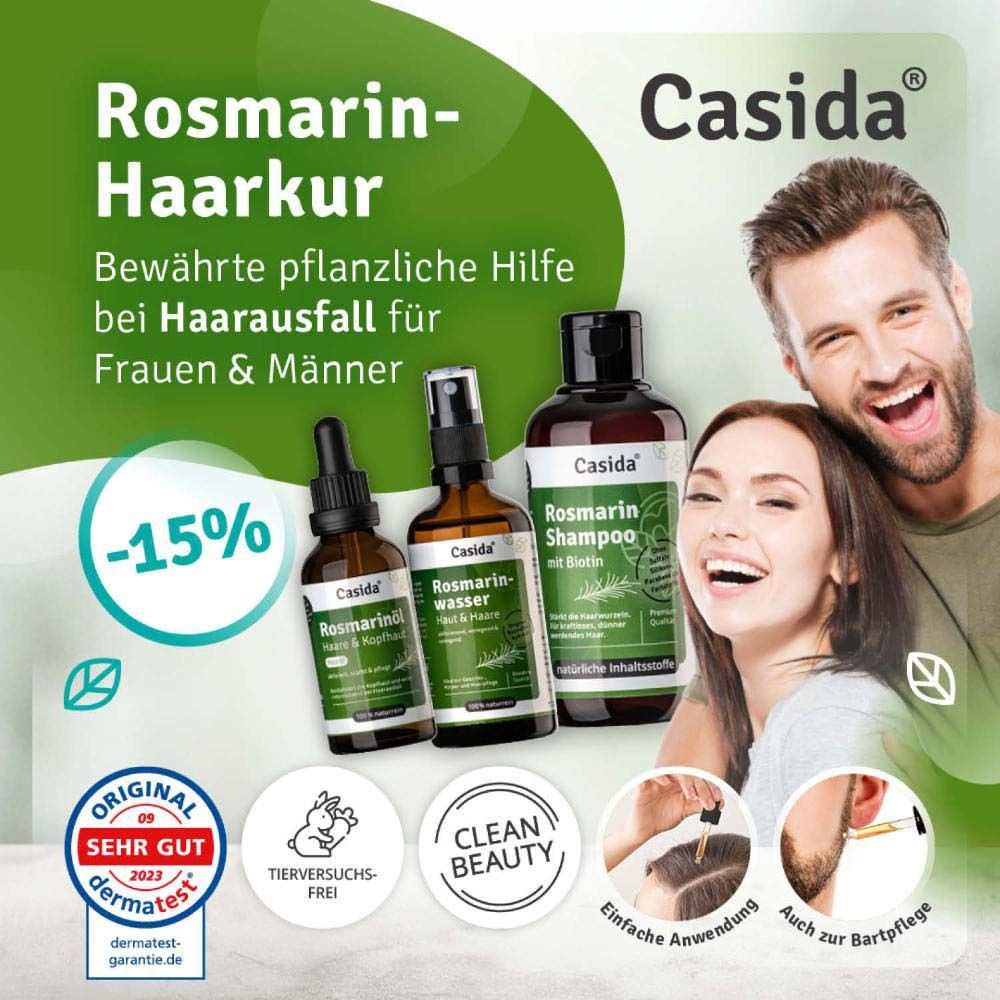 Werbung mit drei Casida-Produkten und zwei Personen. Text: Rosmarin-Haarkur. Bewährte pflanzliche Hilfe bei Haarausfall für Frauen & Männer.