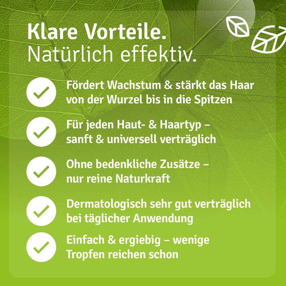 Text: Klare Vorteile. Natürlich effektiv. Fördert Wachstum, für jeden Hauttyp, ohne Zusätze, dermatologisch getestet, einfach & ergiebig.