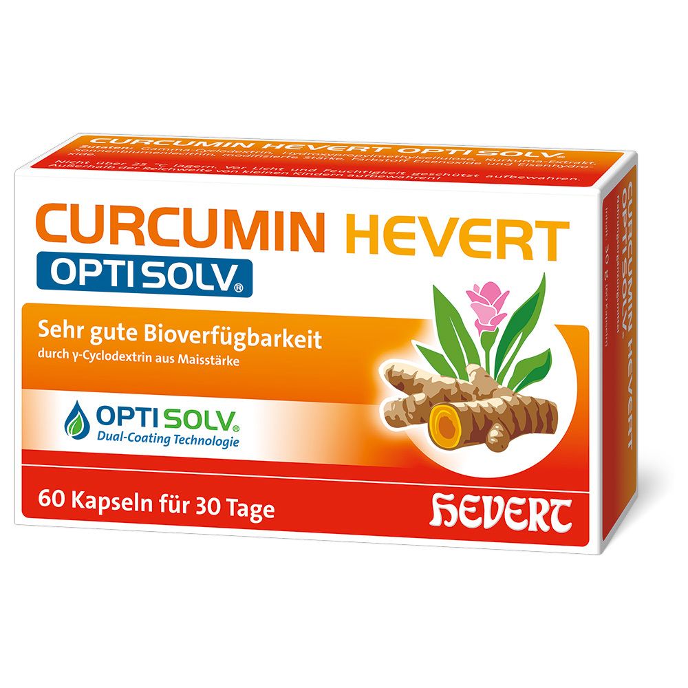 Verpackung von Curcumin Hevert Optisolv. Enthält 60 Kapseln. Logo, Produktname und Abbildung von Kurkuma.