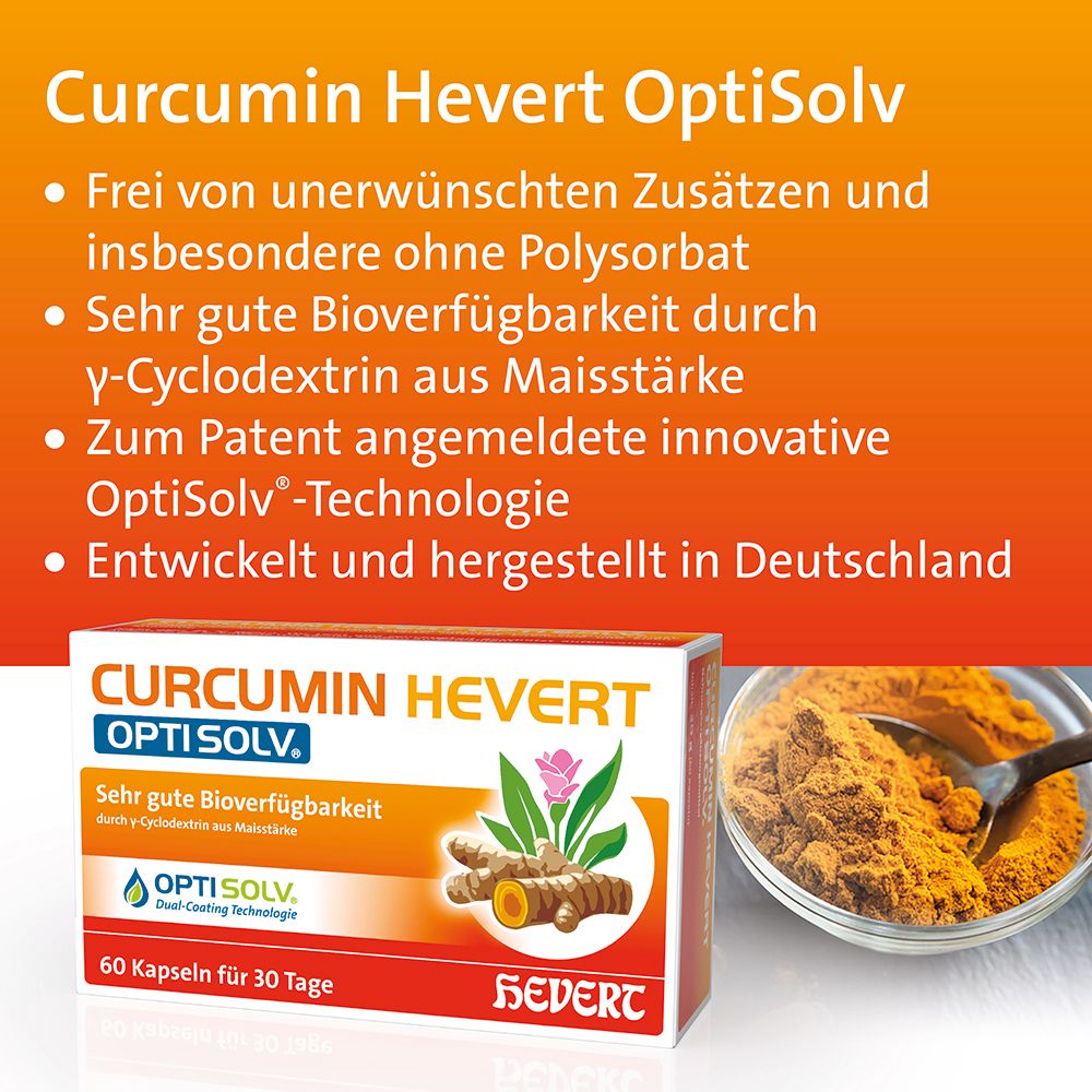 Text auf orangefarbenem Hintergrund. Vorteile von Curcumin Hevert Optisolv. Produktverpackung und Kurkuma-Pulver.