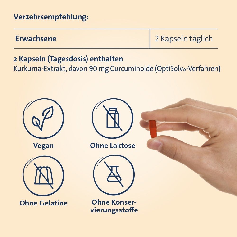 Symbole für Vegan, Laktosefrei, Glutenfrei, ohne Gelatine, ohne Konservierungsstoffe. Hand hält Kapsel.