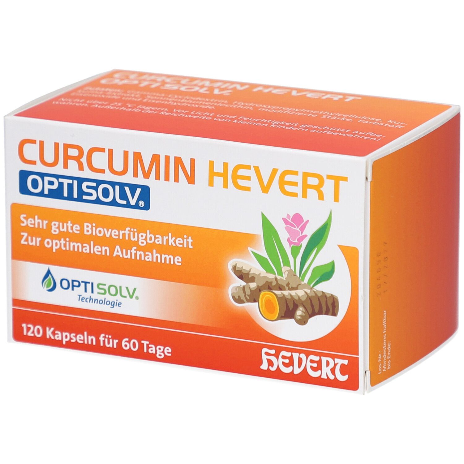 Karton CURCUMIN HEVERT OptiSolv. Aufschrift: Sehr gute Bioverfügbarkeit. 120 Kapseln für 60 Tage. Logo OptiSolv. Abbildung von Kurkuma.