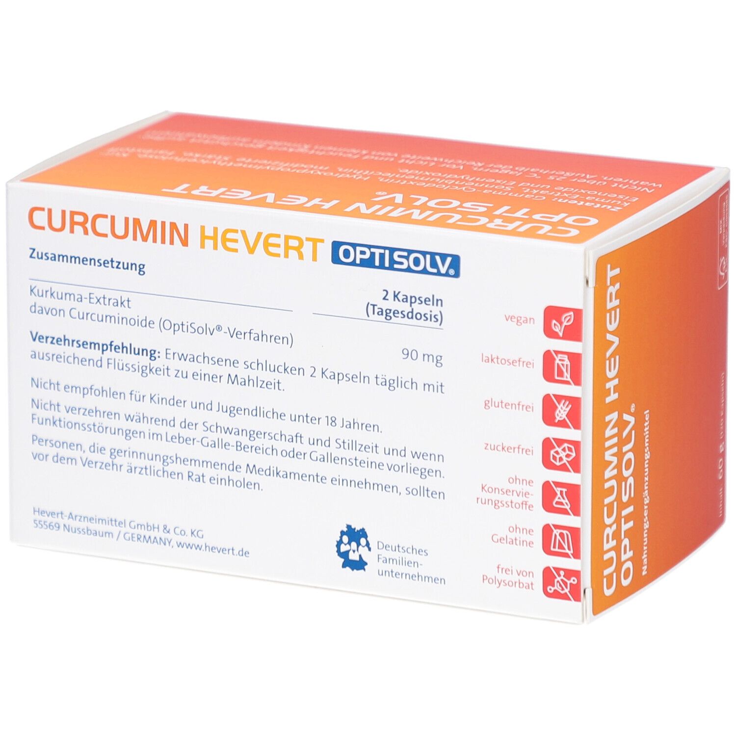 Karton CURCUMIN HEVERT OptiSolv. Aufschrift: 2 Kapseln (Tagesdosis). Vegan, laktosefrei, glutenfrei, zuckerfrei. Logo Deutsches Familienunternehmen.