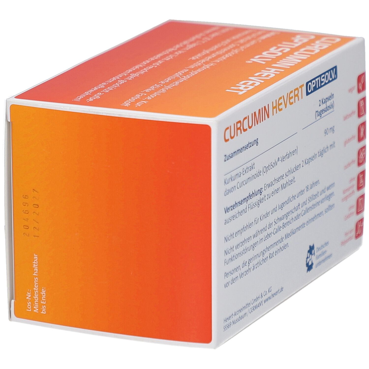 Karton CURCUMIN HEVERT OptiSolv. Aufschrift: 2 Kapseln (Tagesdosis). Mindestens haltbar bis 2026/09/07. Logo Deutsches Familienunternehmen.