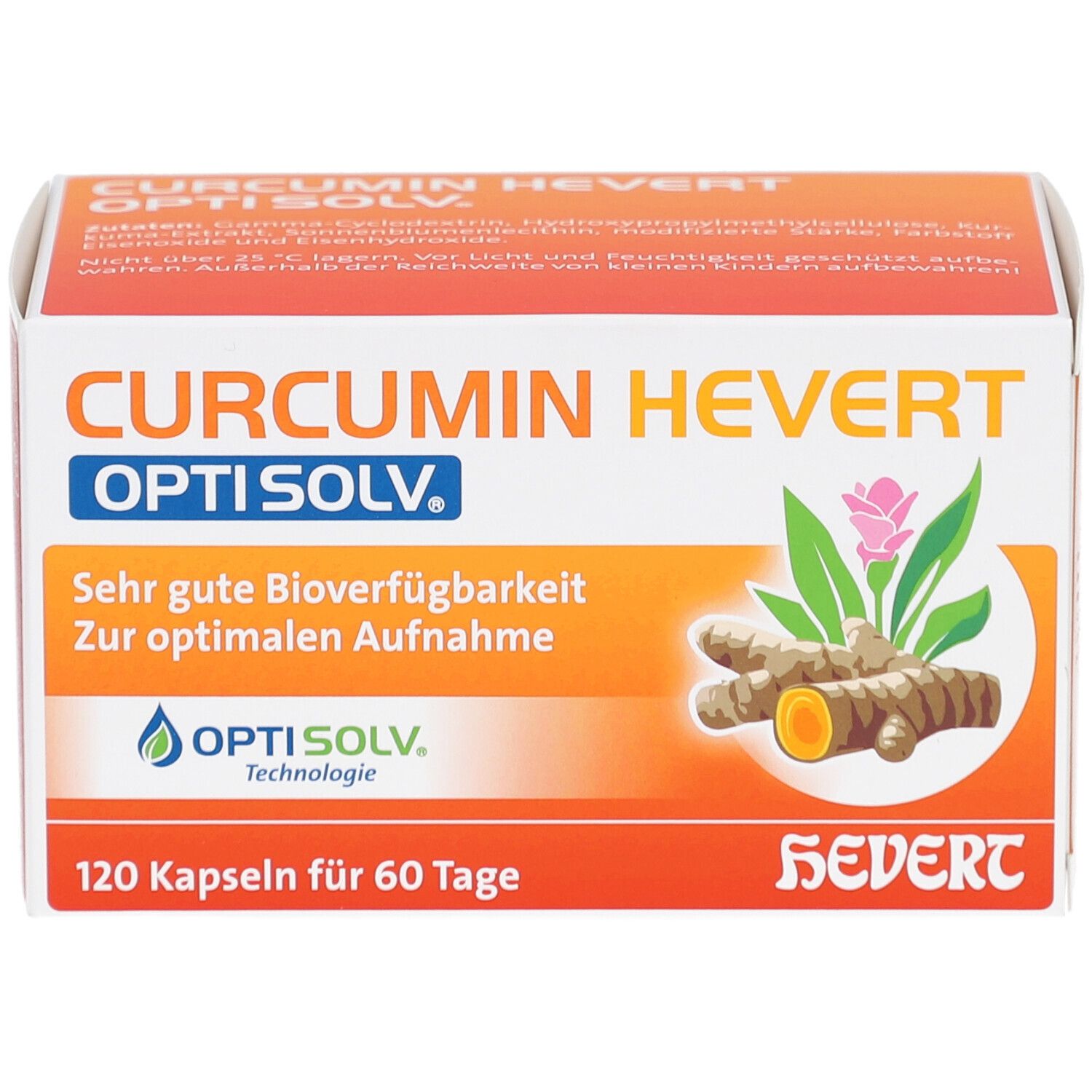 Karton CURCUMIN HEVERT OptiSolv. Aufschrift: Sehr gute Bioverfügbarkeit. 120 Kapseln für 60 Tage. Logo OptiSolv. Abbildung von Kurkuma.