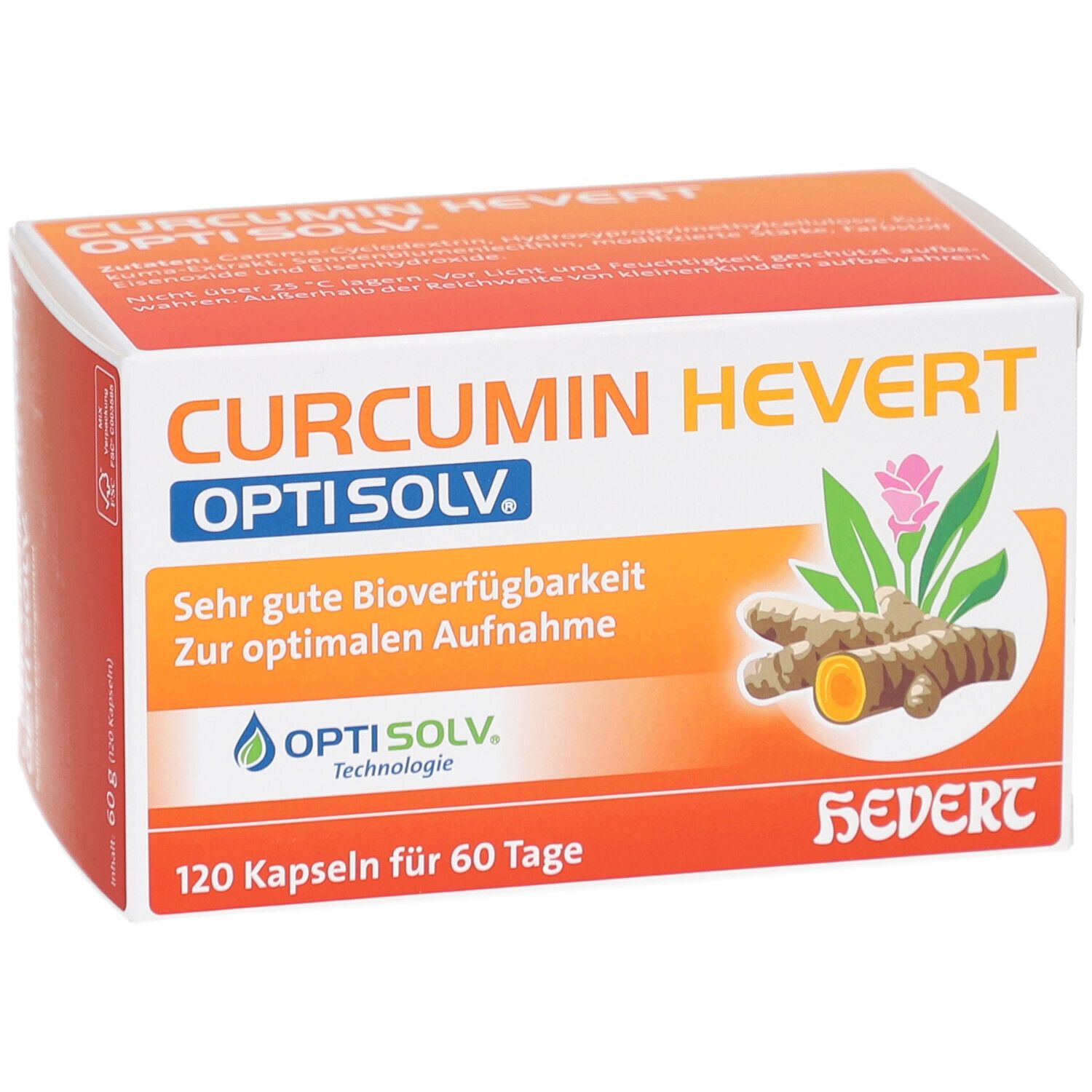 Karton CURCUMIN HEVERT OptiSolv. Aufschrift: Sehr gute Bioverfügbarkeit. 120 Kapseln für 60 Tage. Logo OptiSolv. Abbildung von Kurkuma.