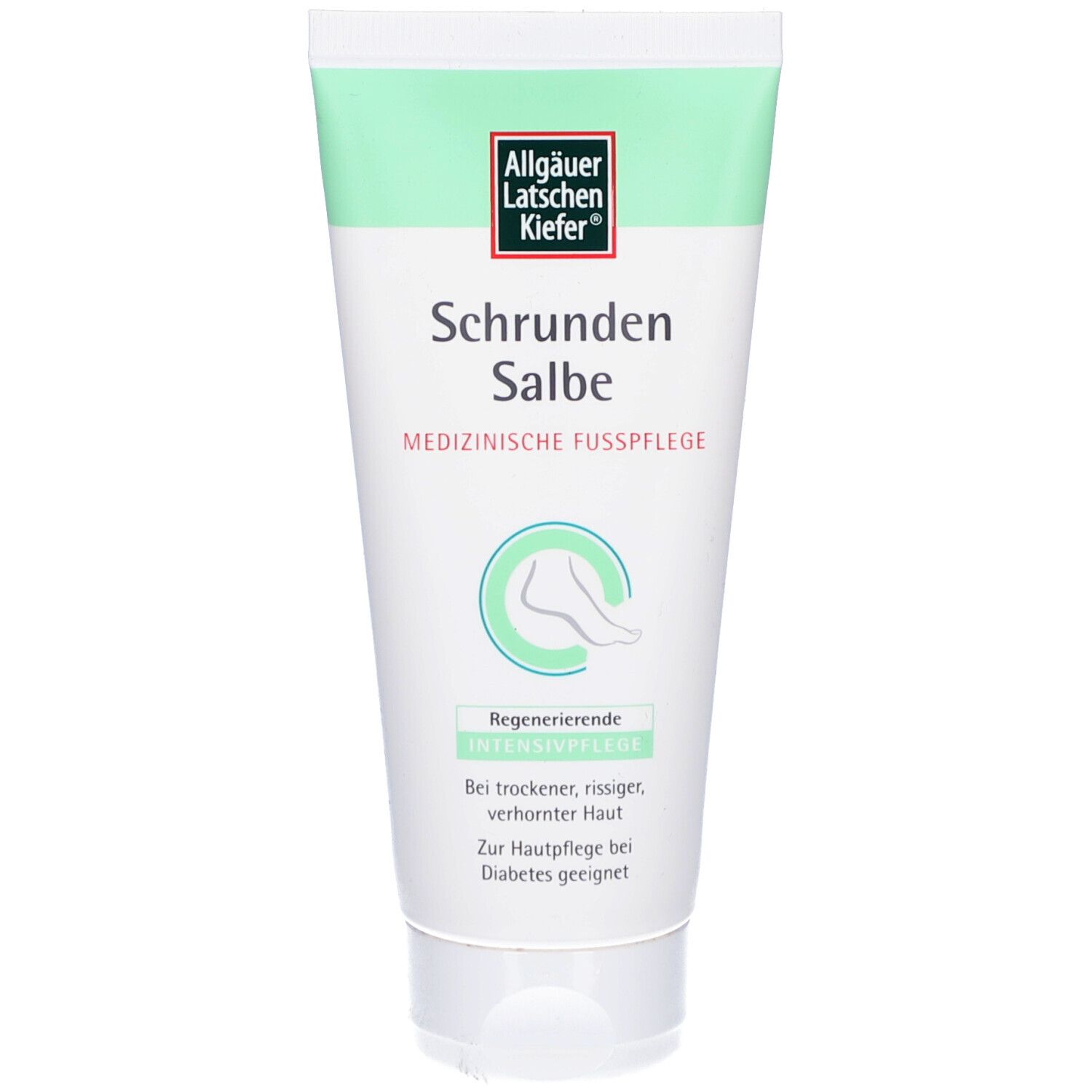Tube mit Produktaufschrift. Oben grün, weißer Hintergrund. Text: Schrunden Salbe, medizinische Fußpflege. Logo und Fuß-Symbol.