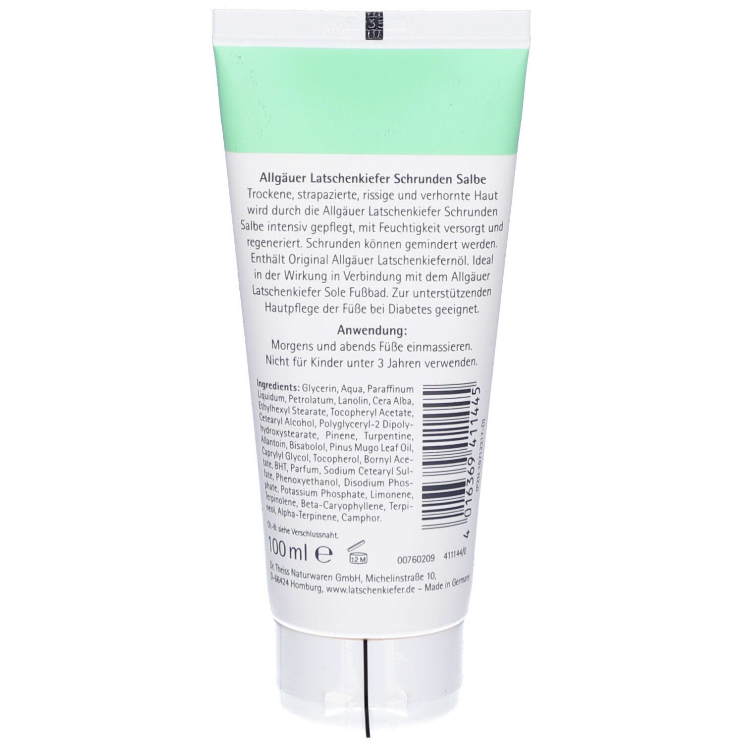 Rückseite der Tube. Text: Allgäuer Latschenkiefer Schrunden Salbe. Inhaltsstoffe und Anwendung. Volumen: 100 ml. Barcode.
