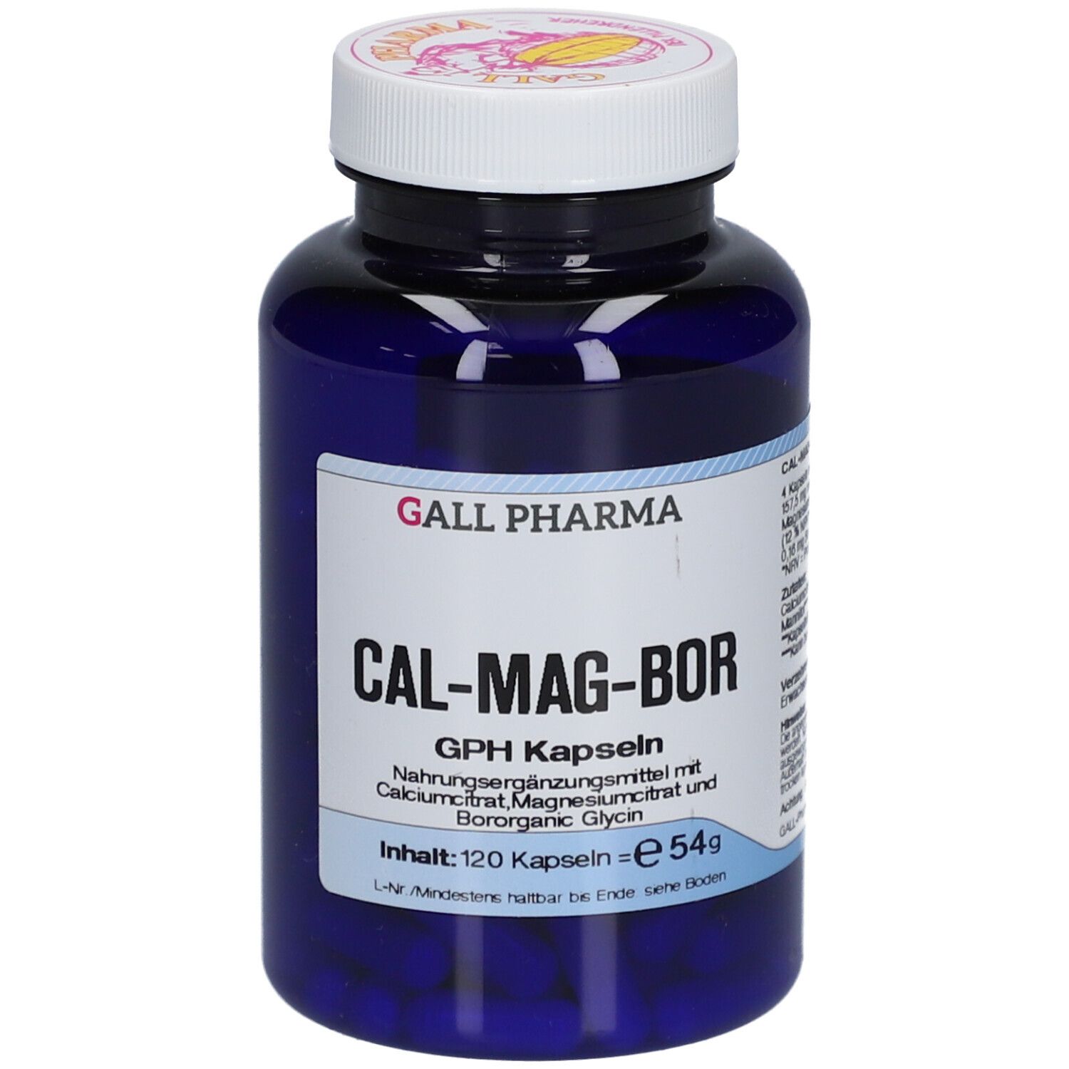 Blaue Flasche mit weißen Deckel. Aufschrift: GALL PHARMA CAL-MAG-BOR GPH Kapseln. Inhalt: 120 Kapseln.
