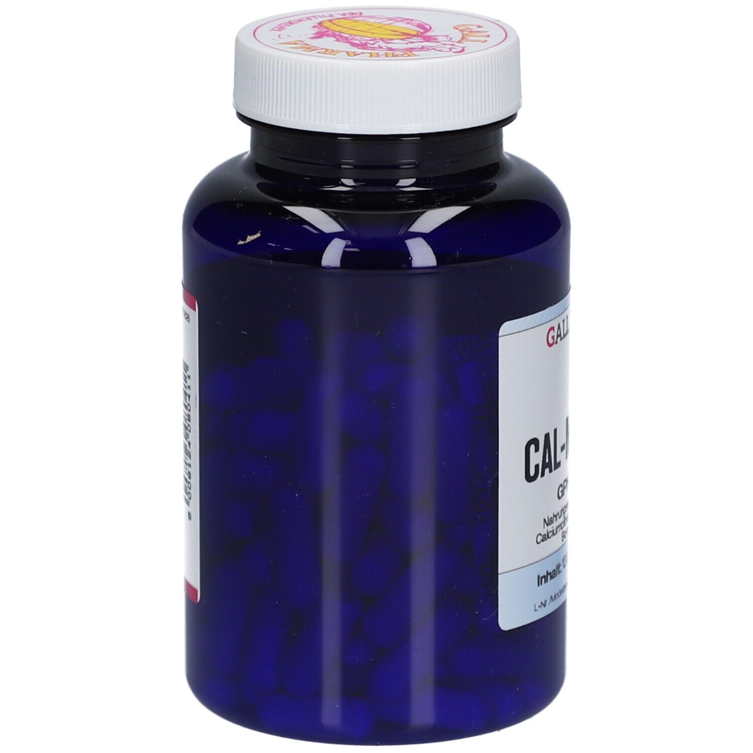 Blaue Flasche mit weißen Deckel. Enthält blaue Kapseln. Aufschrift: GALL PHARMA CAL-MAG-BOR.