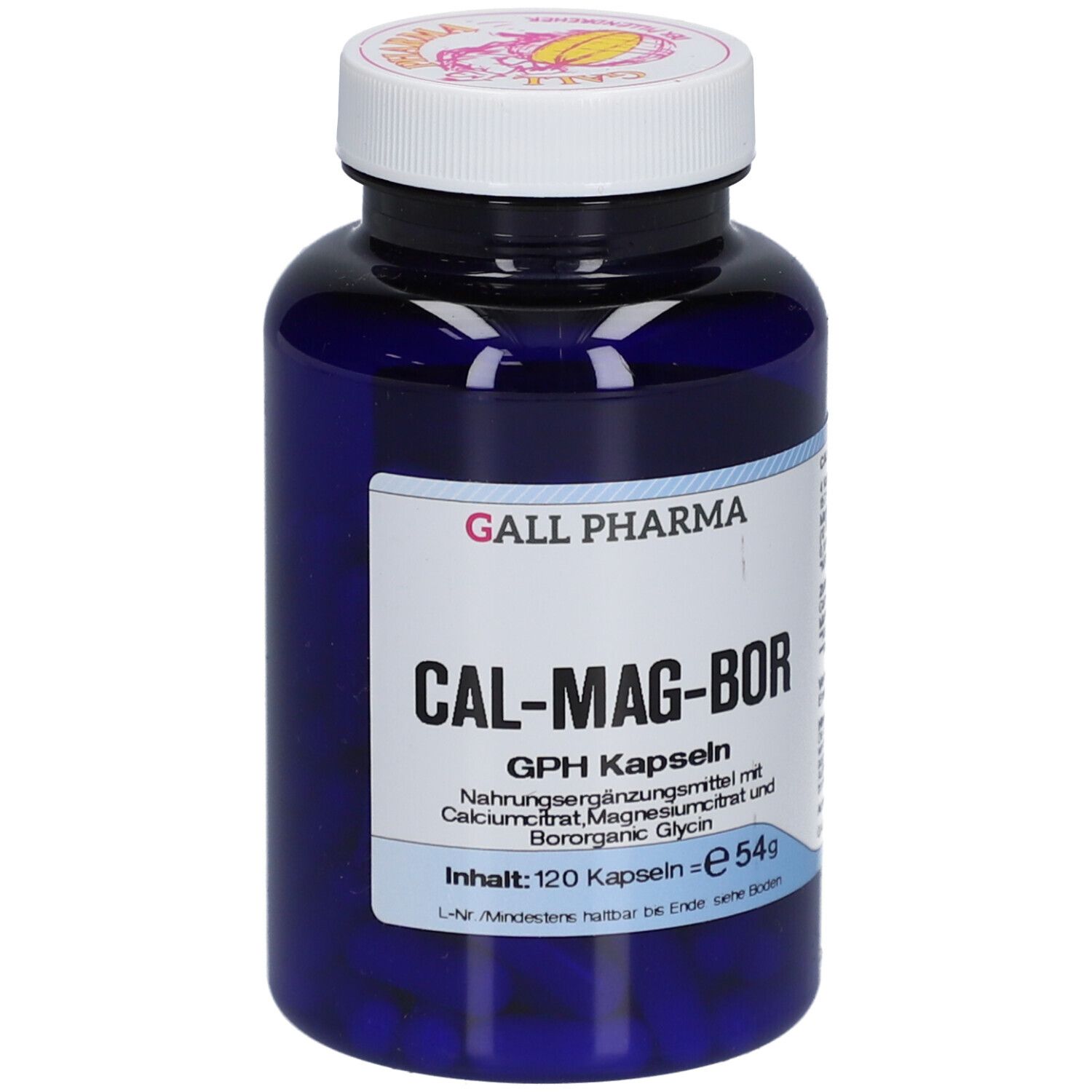 Blaue Flasche mit weißem Deckel. Aufschrift: GALL PHARMA CAL-MAG-BOR GPH Kapseln. Inhalt: 120 Kapseln.