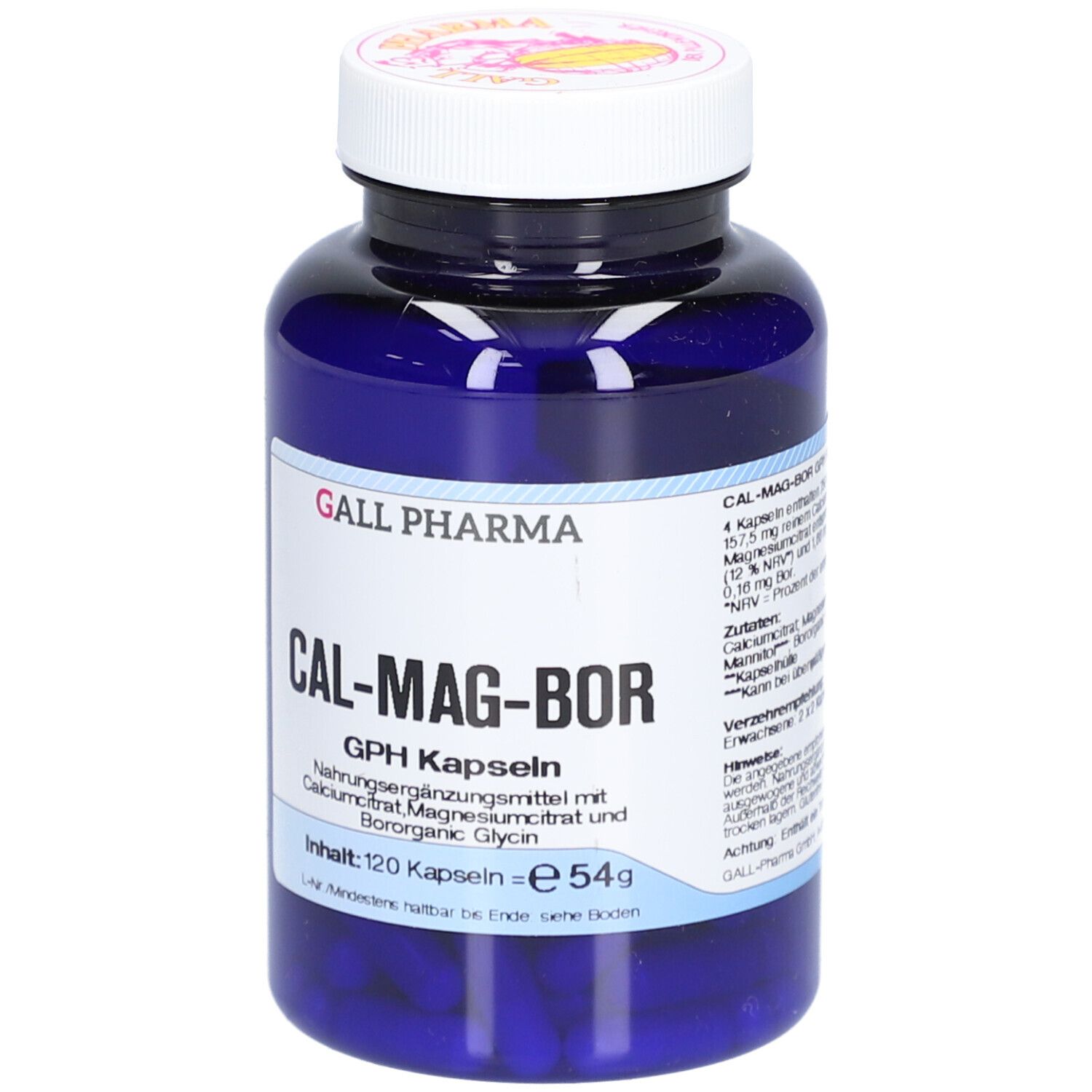 Blaue Flasche mit weißem Deckel. Aufschrift: GALL PHARMA CAL-MAG-BOR GPH Kapseln. Inhalt: 120 Kapseln.