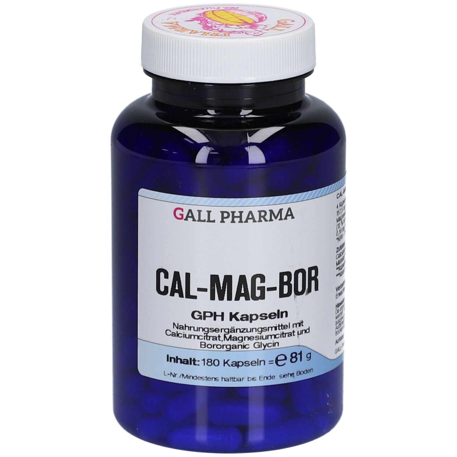 Blaue Flasche mit weißen Deckel. Aufschrift: GALL PHARMA CAL-MAG-BOR GPH Kapseln. Inhalt: 180 Kapseln.