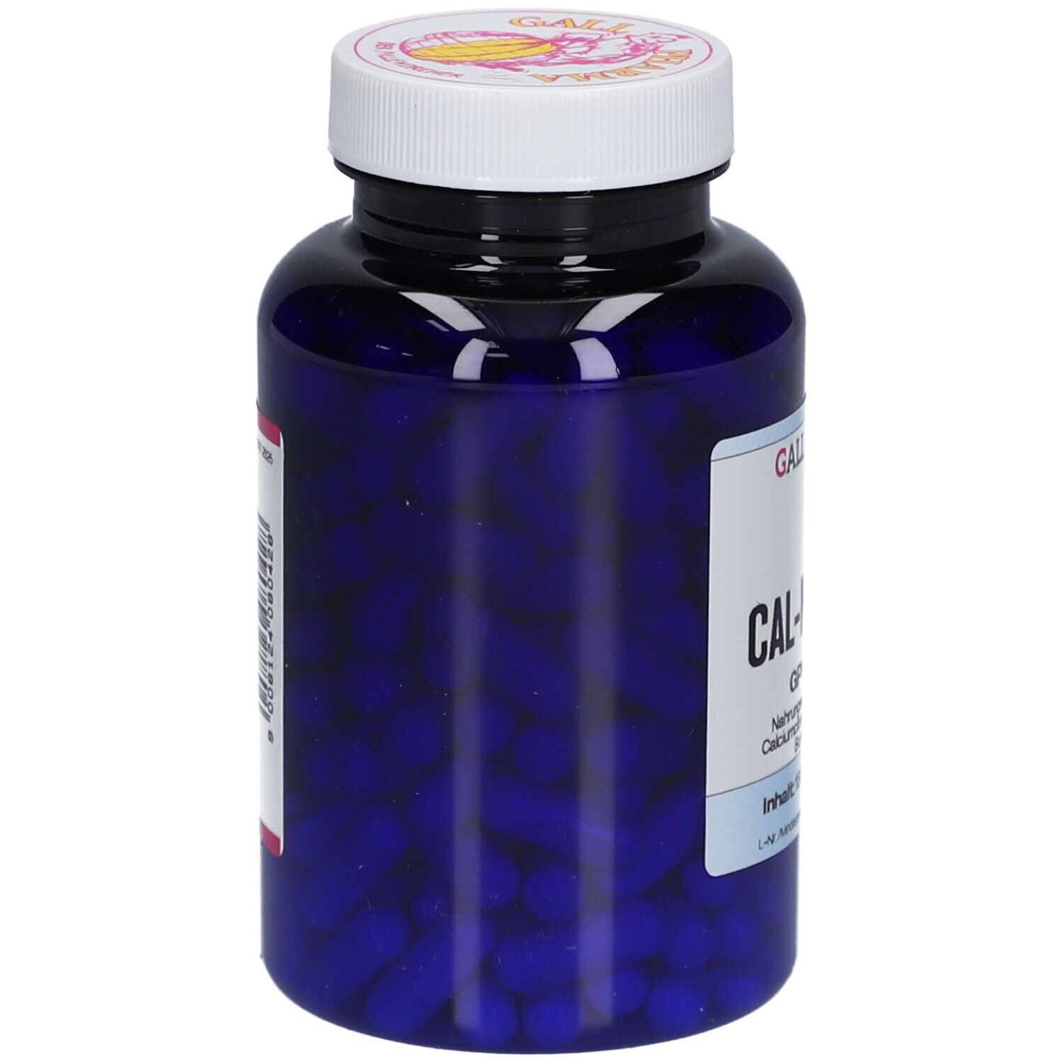 Blaue Flasche mit weißen Deckel. Flasche gefüllt mit blauen Kapseln. Aufschrift: GALL PHARMA CAL-MAG-BOR.