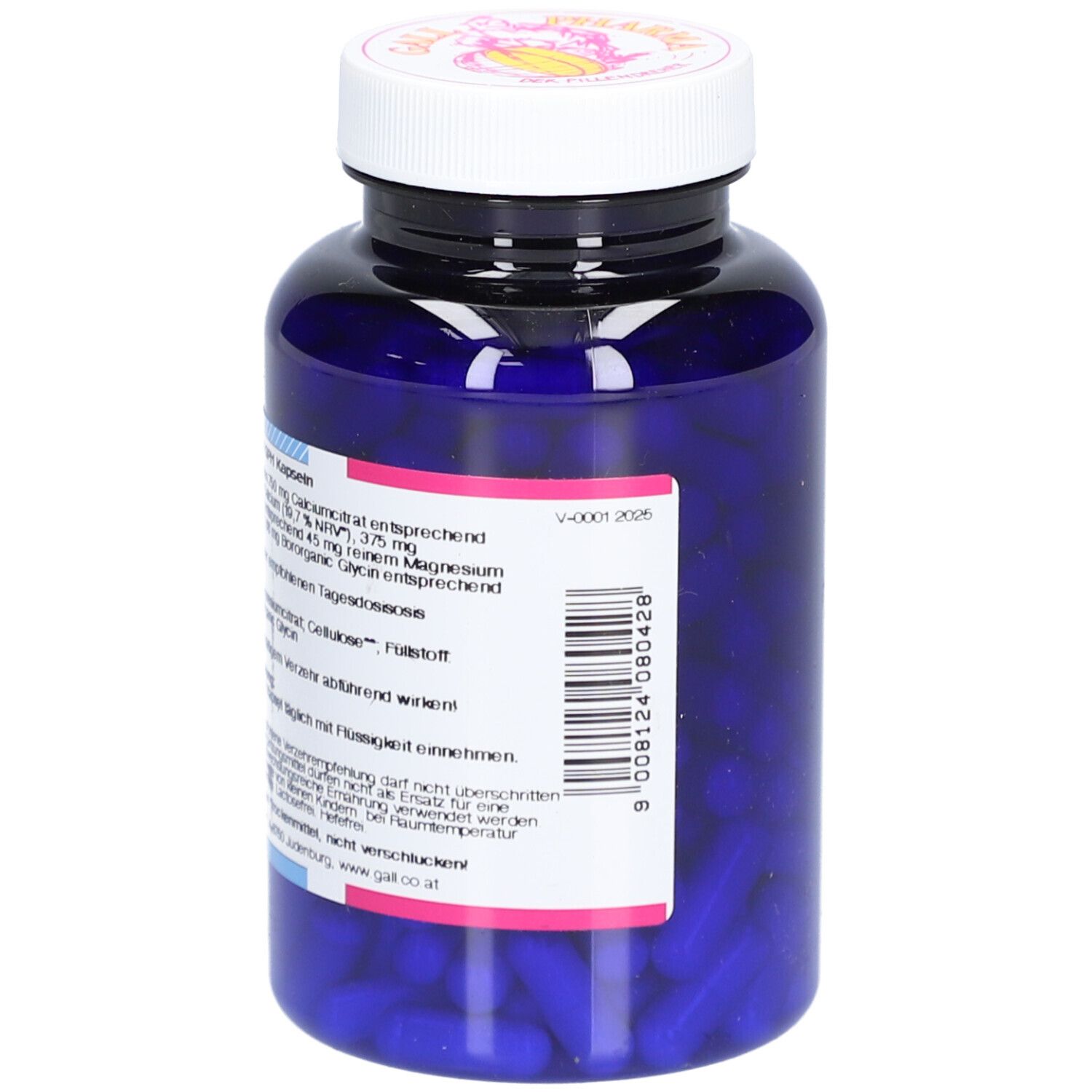Blaue Flasche mit weißen Deckel. Aufkleber mit Produktinformationen. Barcode. Aufschrift: GALL PHARMA CAL-MAG-BOR.