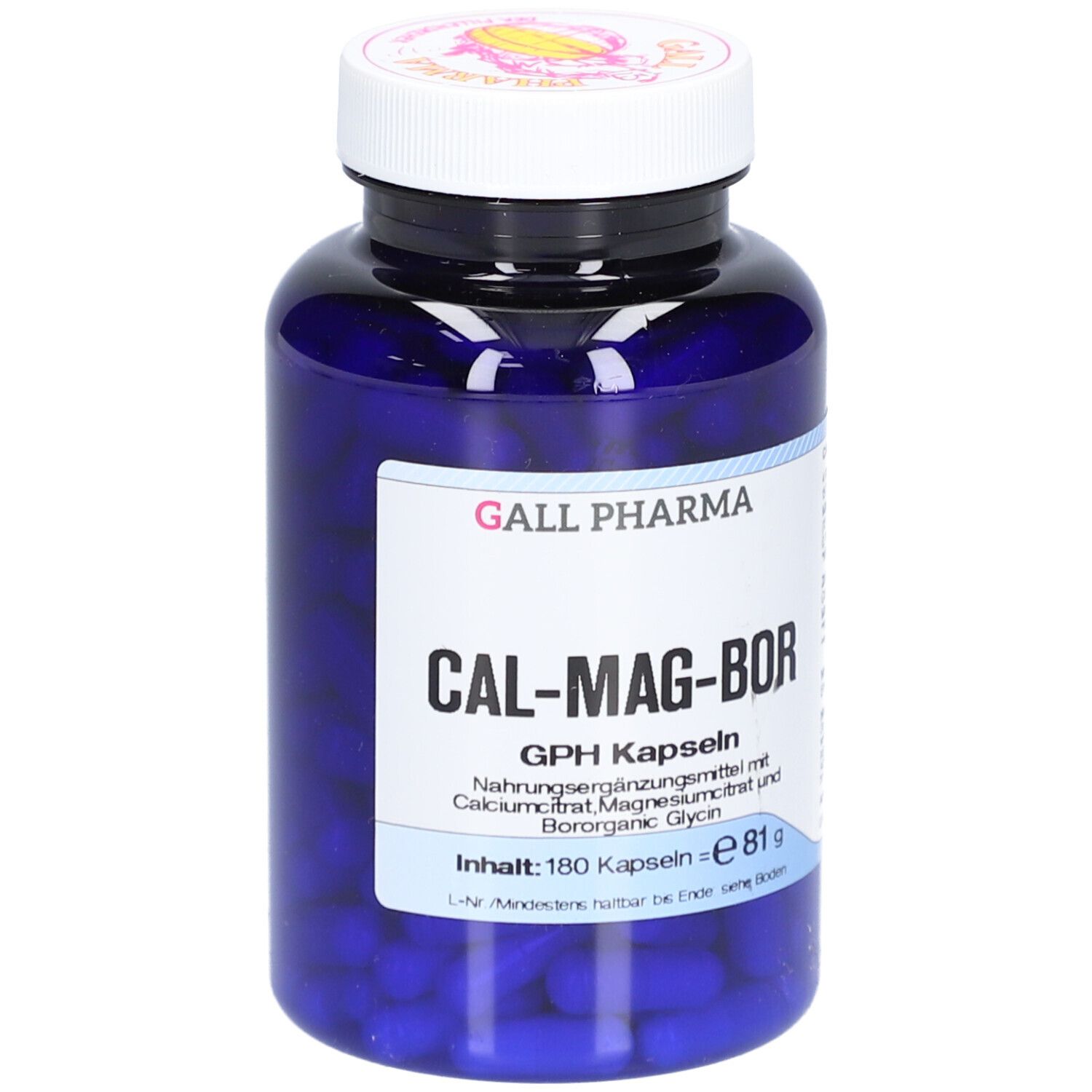 Blaue Flasche mit weißen Deckel. Aufschrift: GALL PHARMA CAL-MAG-BOR GPH Kapseln. Inhalt: 180 Kapseln.
