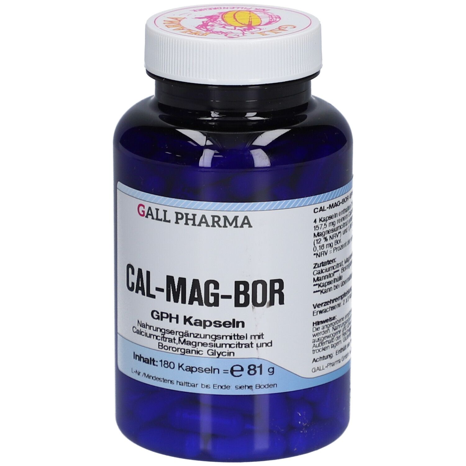 Blaue Flasche mit weißen Deckel. Aufschrift: GALL PHARMA CAL-MAG-BOR GPH Kapseln. Inhalt: 180 Kapseln. Etikett mit Informationen.