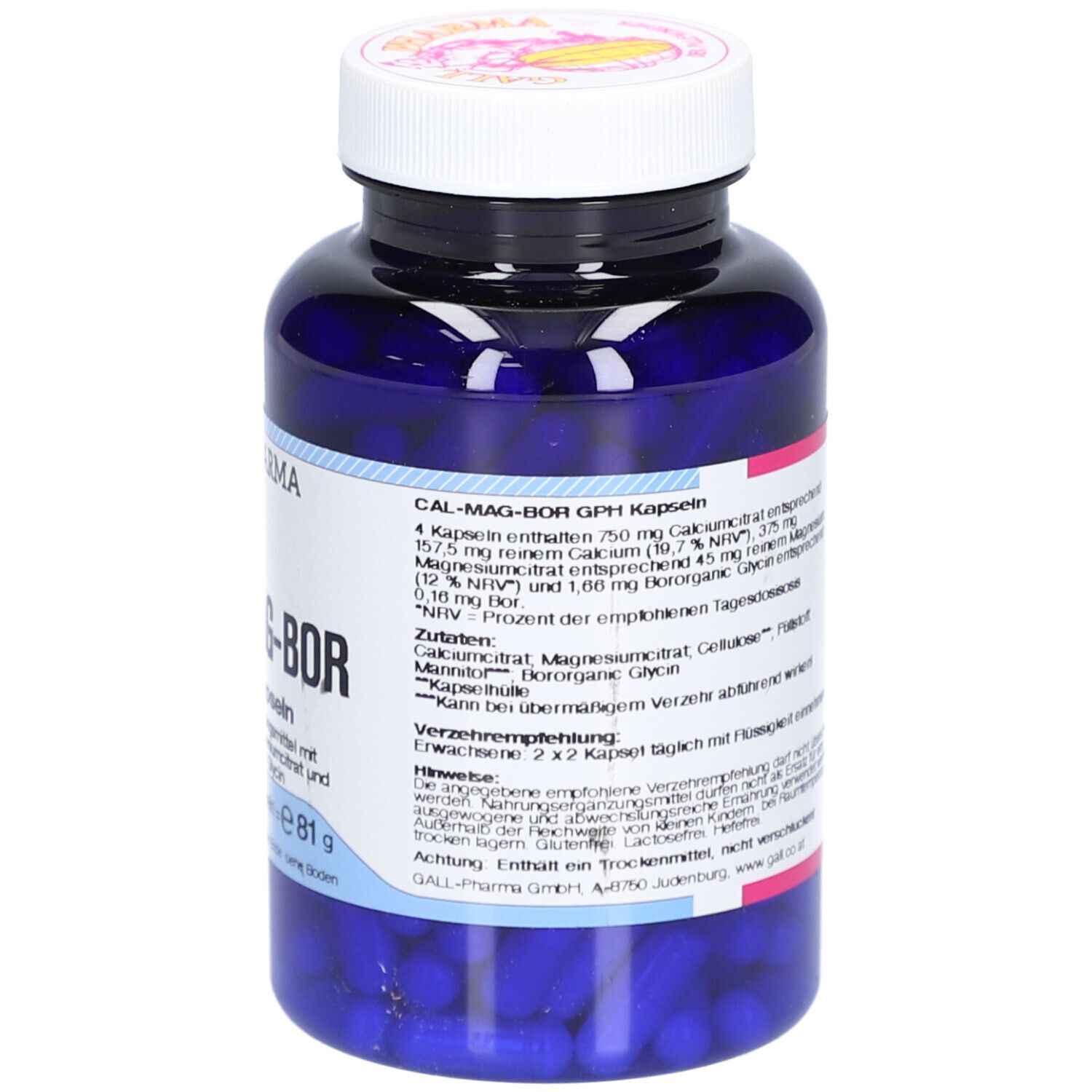 Blaue Flasche mit weißen Deckel. Etikett mit Produktinformationen. Aufschrift: CAL-MAG-BOR GPH Kapseln. Inhalt: 180 Kapseln.