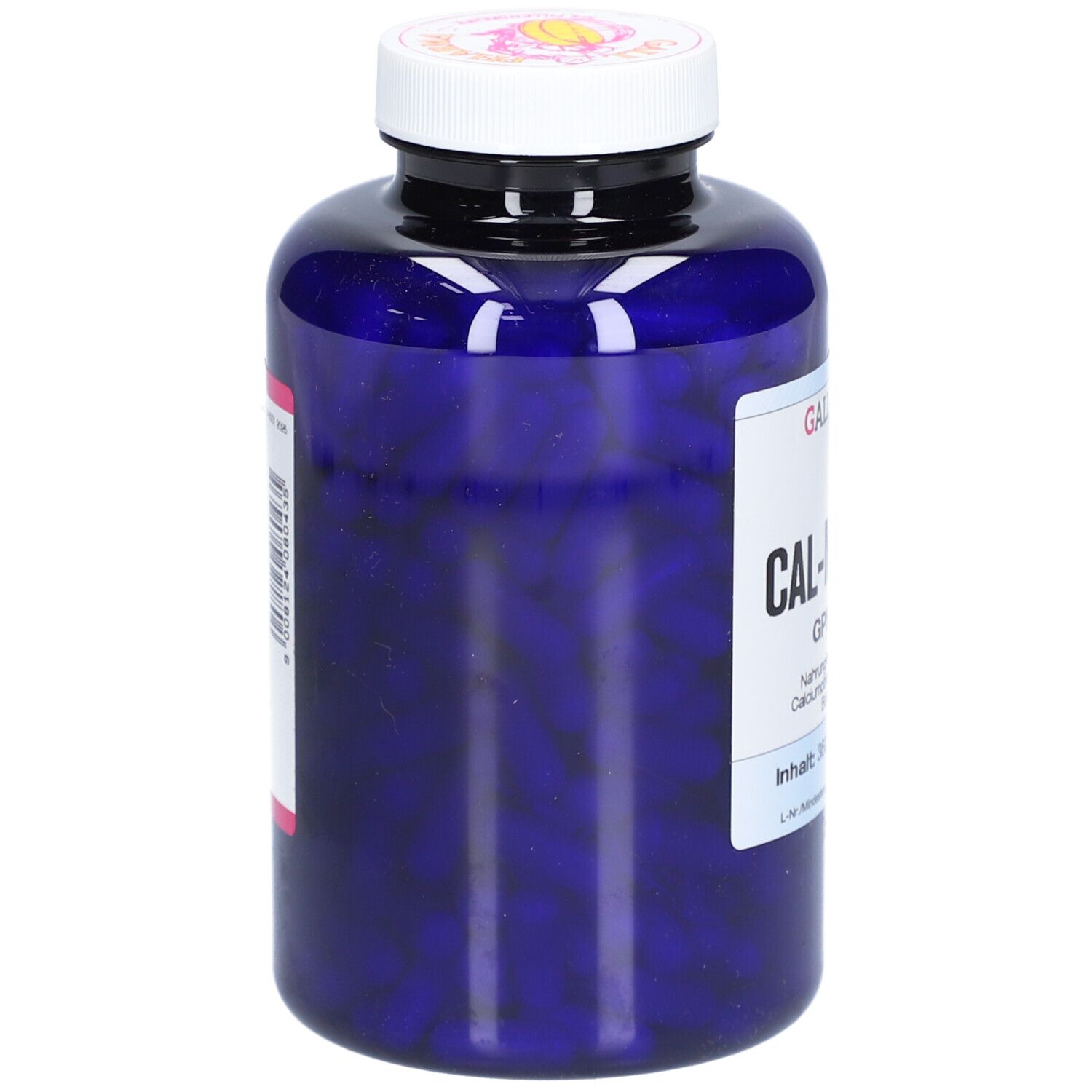 Blaue Flasche mit weißem Deckel. Aufschrift: CAL-MAG-BOR GPH Kapseln. Enthält Kapseln.