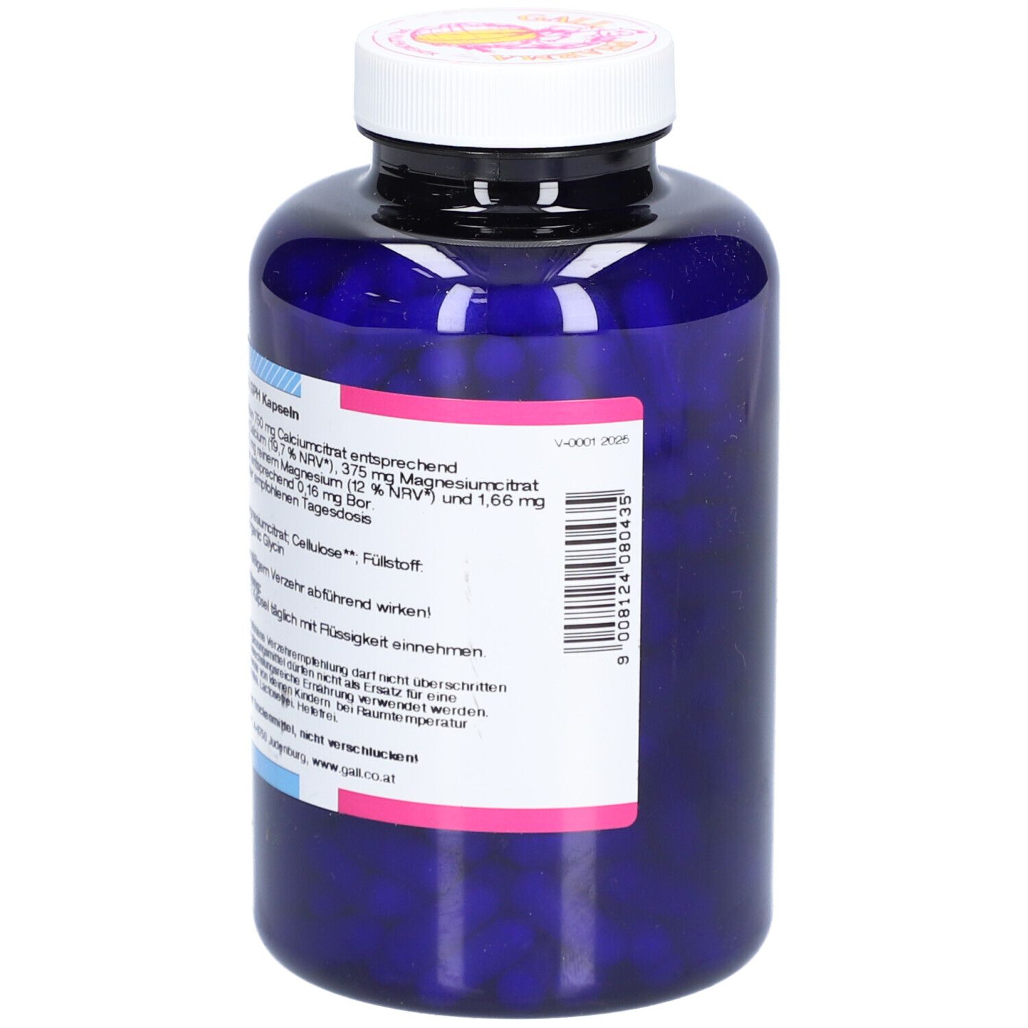 Rückseite einer blauen Flasche mit weißem Deckel. Text mit Inhaltsangaben und Herstellerinformationen.