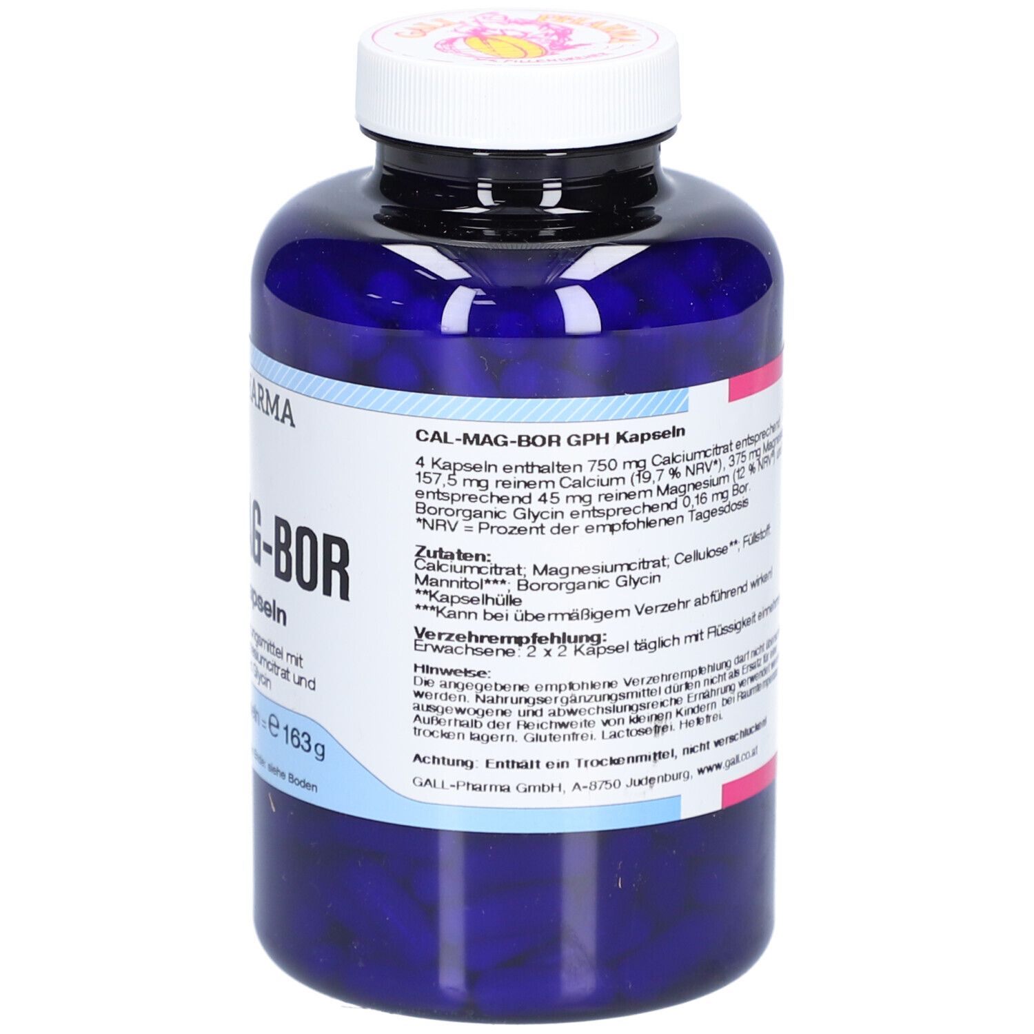 Blaue Flasche mit weißem Deckel. Aufschrift: CAL-MAG-BOR GPH Kapseln. Enthält Kapseln. Text mit Inhaltsangaben.