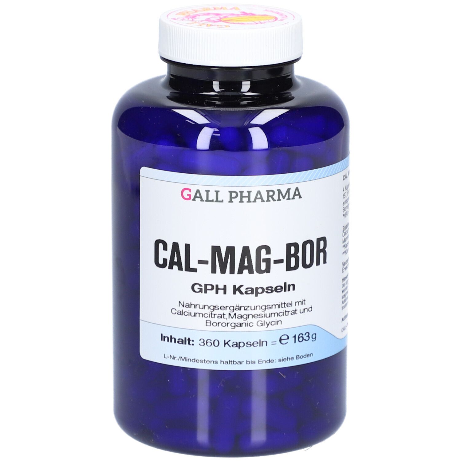 Blaue Flasche mit weißem Deckel. Aufschrift: CAL-MAG-BOR GPH Kapseln. Enthält 360 Kapseln.