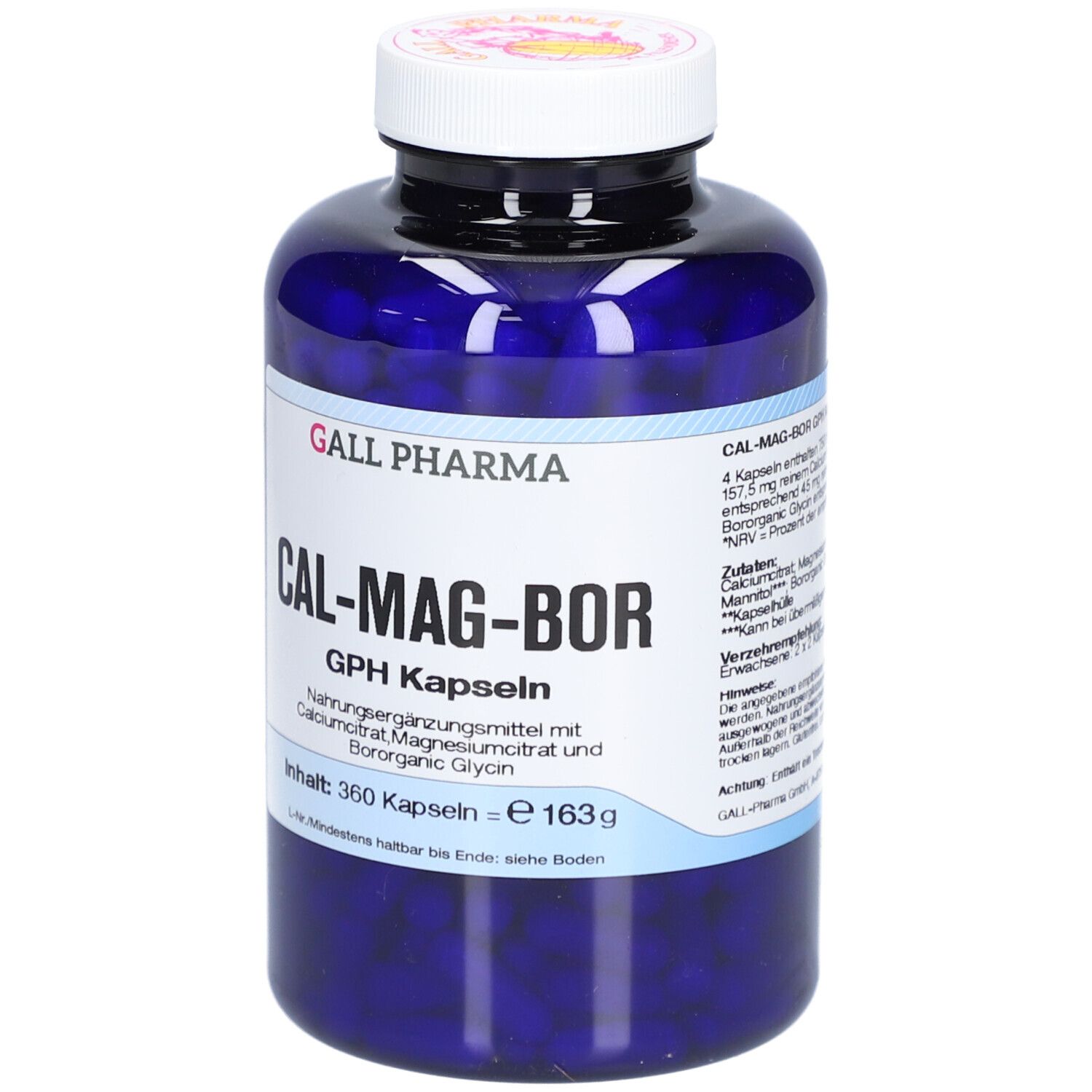 Blaue Flasche mit weißem Deckel. Aufschrift: CAL-MAG-BOR GPH Kapseln. Enthält 360 Kapseln. Detailansicht.