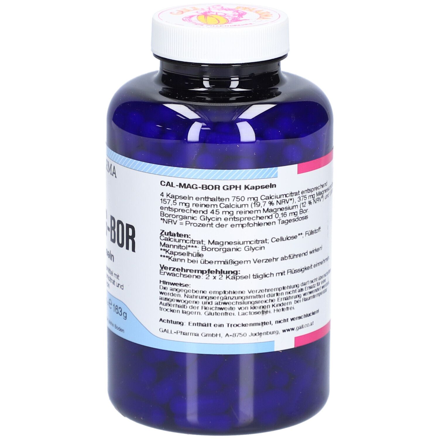 Blaue Flasche mit weißem Deckel. Aufschrift: CAL-MAG-BOR GPH Kapseln. Enthält Kapseln. Text mit Inhaltsangaben.