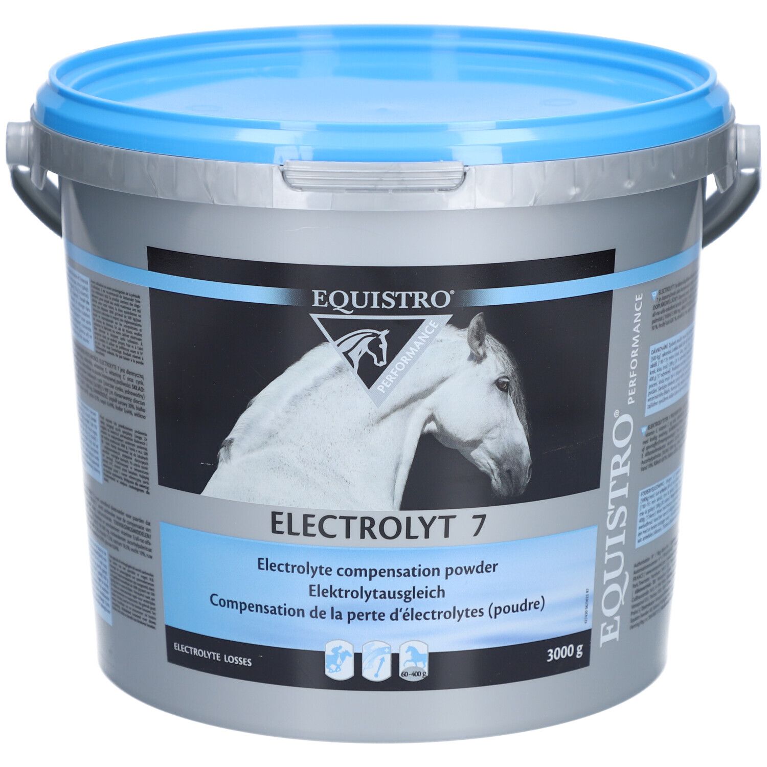 Eimer mit EQUISTRO® Electrolyt 7. Grauer Eimer mit blauem Deckel und Griff. Produktname und Pferd-Logo auf der Vorderseite.
