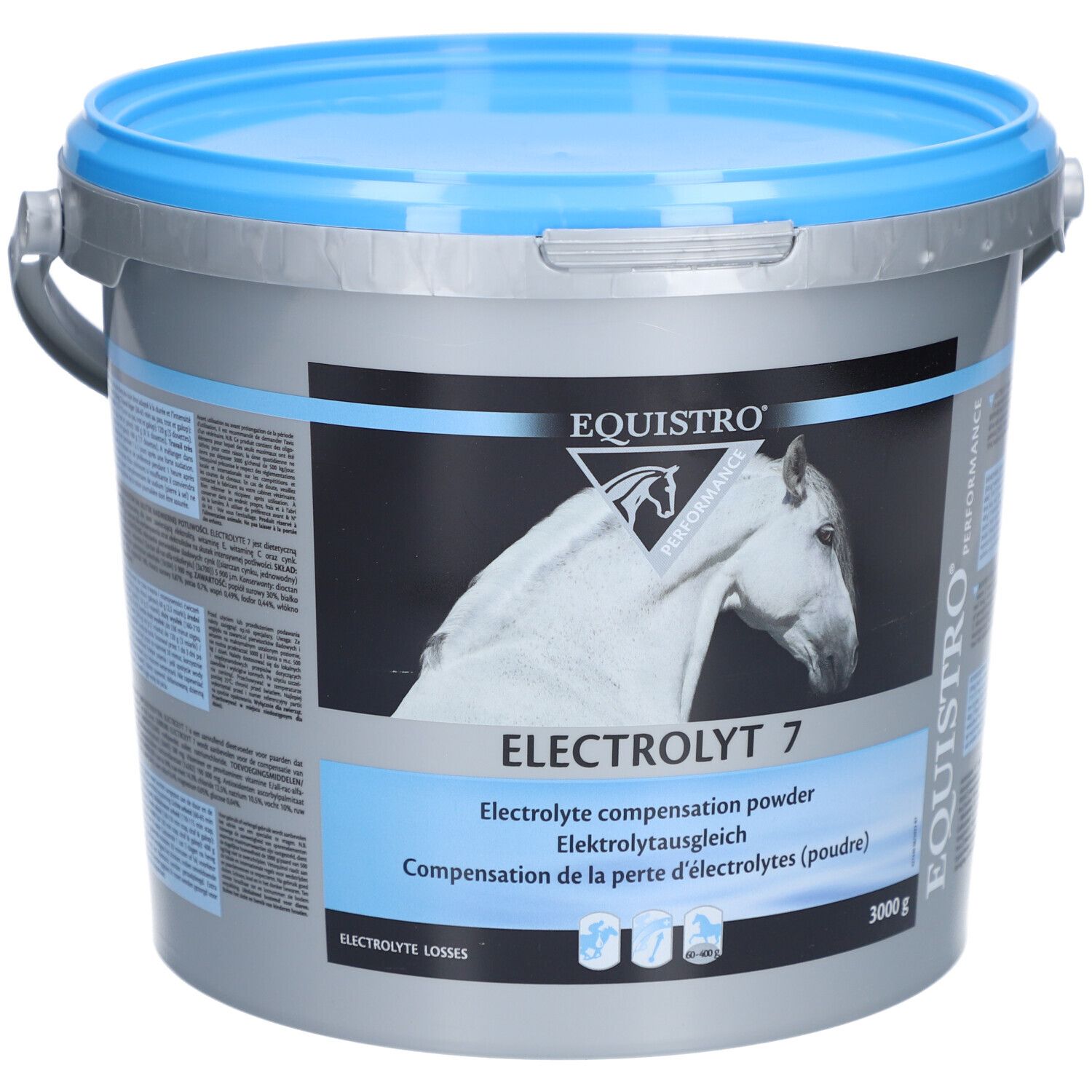 Eimer mit EQUISTRO® Electrolyt 7. Grauer Eimer mit blauem Deckel und Griff. Produktname und Pferd-Logo auf der Vorderseite.