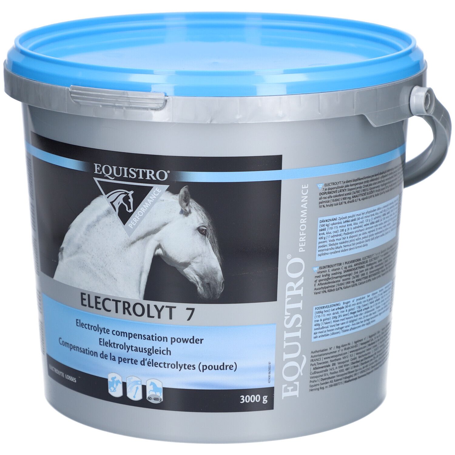 Eimer mit EQUISTRO® Electrolyt 7. Grauer Eimer mit blauem Deckel und Griff. Produktname und Pferd-Logo auf der Vorderseite.