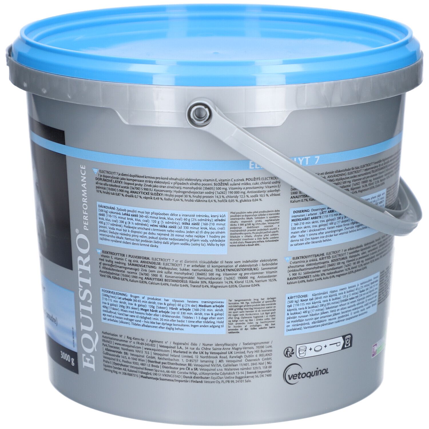 Rückseite des Eimers mit EQUISTRO® Electrolyt 7. Text mit Produktinformationen und Inhaltsstoffen. Grauer Eimer mit blauem Deckel.