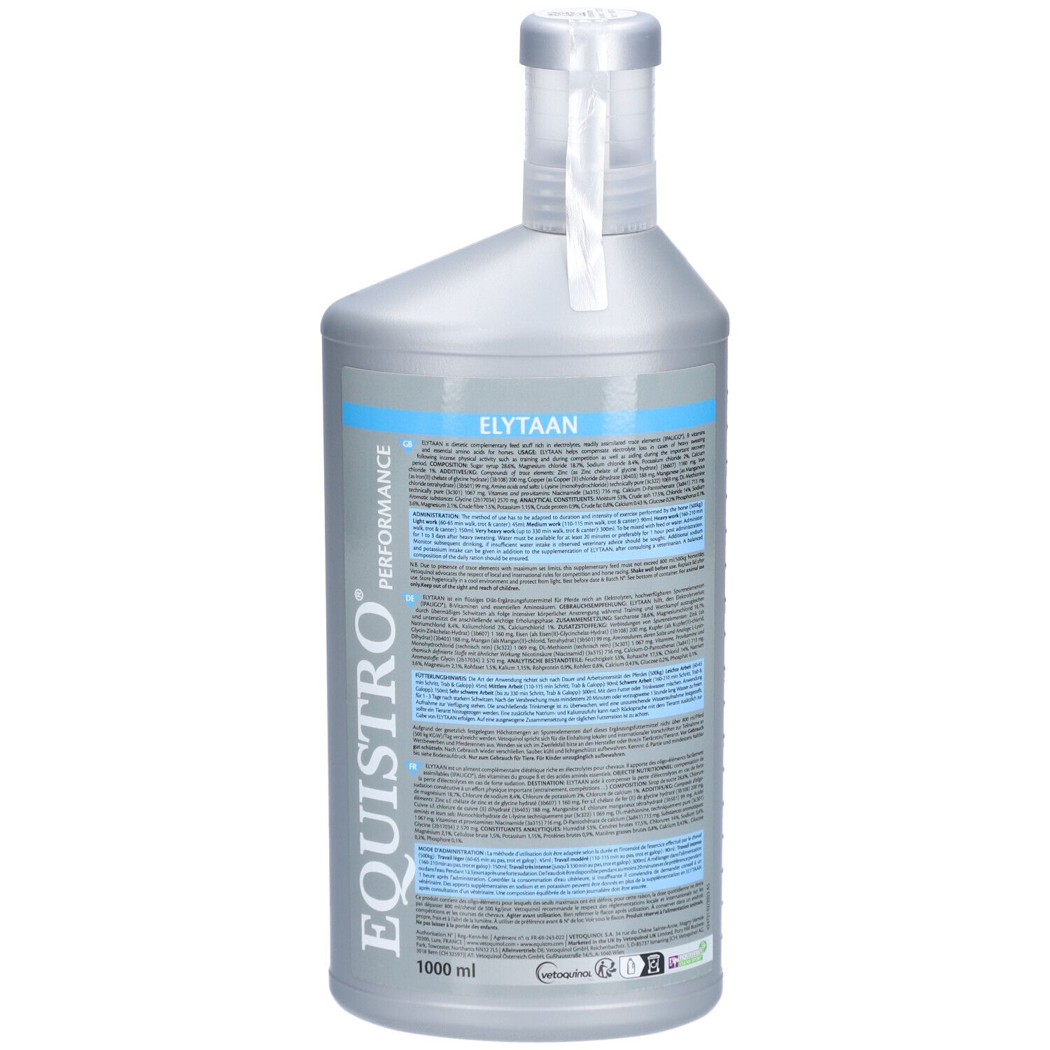 Flasche EQUISTRO Elytaan. Elektrolytlösung. Rückseite mit Text. 1000 ml.